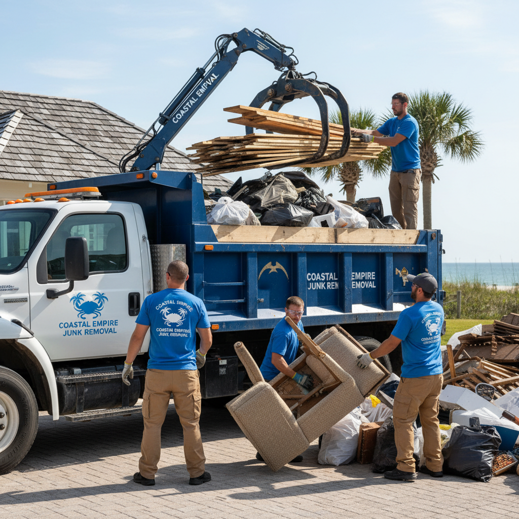 Professional Coastal Empire Junk Removal crew loading debris into their specialized truck
