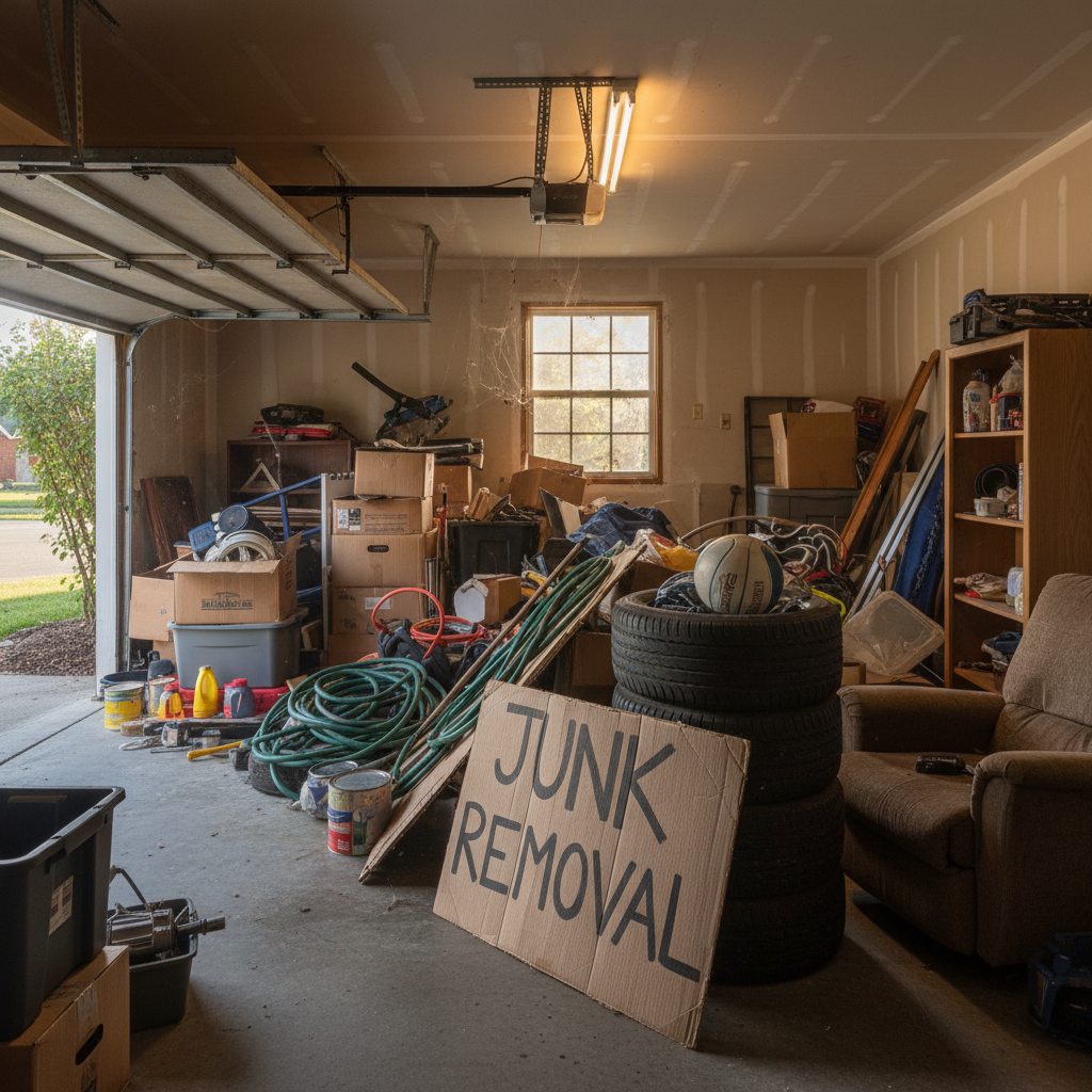 Professional red junk removal truck parked at clean residential property with crew loading debris
