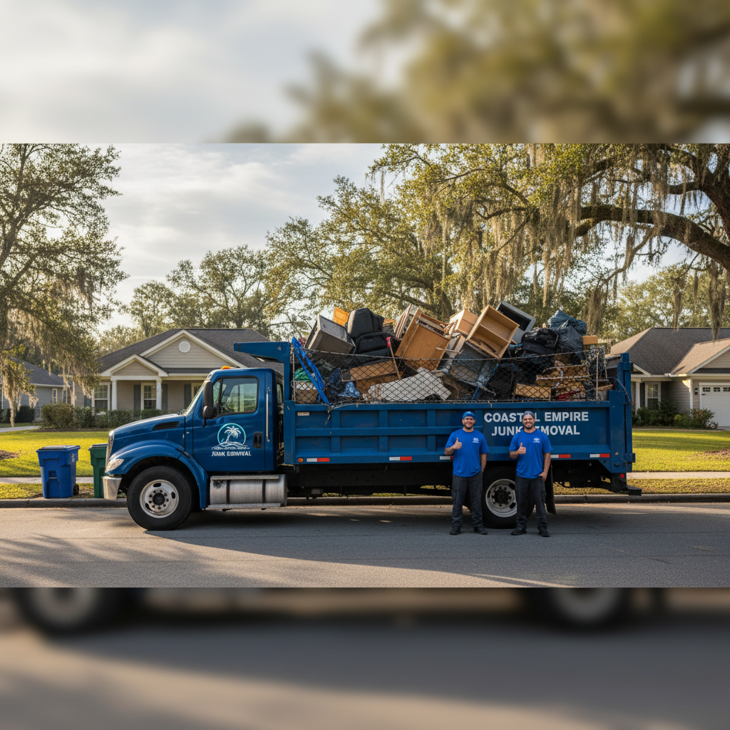Coastal Empire Junk Removal company truck loaded with hauled junk parked on residential street
