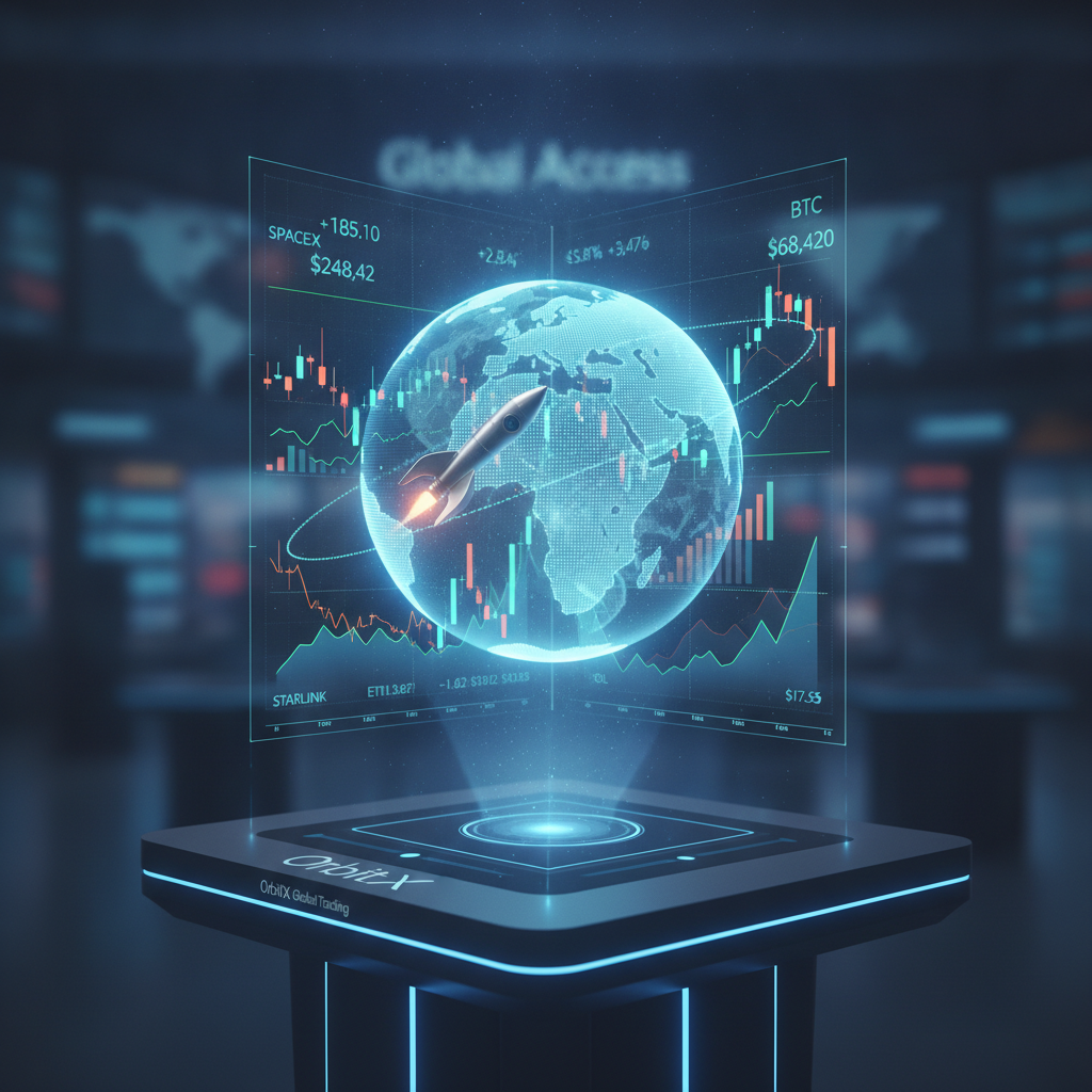 3D animated rotating globe with glowing gold and electric blue trade route light beams streaking across continents showing live SpaceX Tesla Bitcoin global trading activity in a futuristic SpaceX-style dark interface