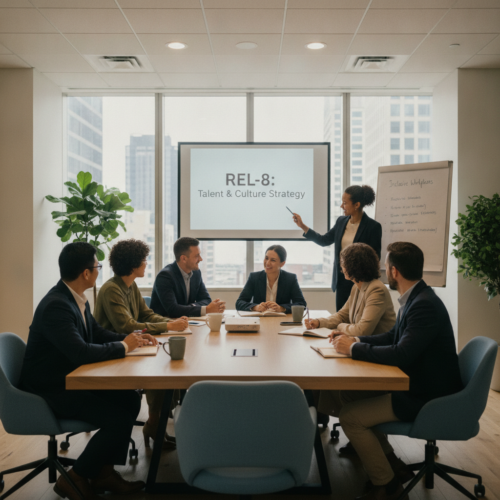 Warm and diverse REL-8 executive HR consulting team collaborating in a modern boardroom meeting