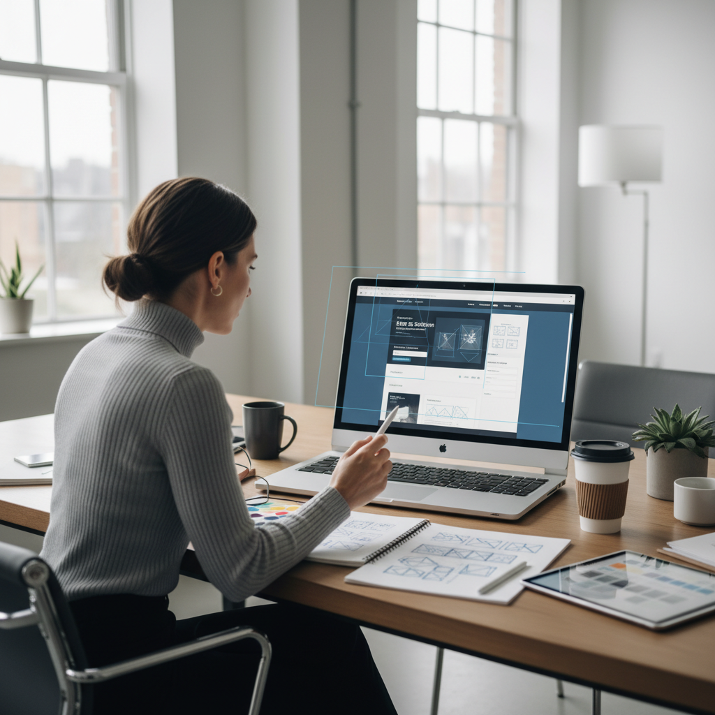 Web designer working on custom website mockup with wireframes on laptop screen in modern studio