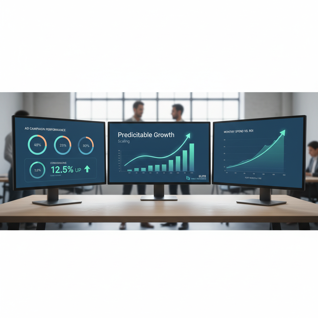 Growth analytics dashboard with rising charts and ad campaign performance metrics showing increasing conversions
