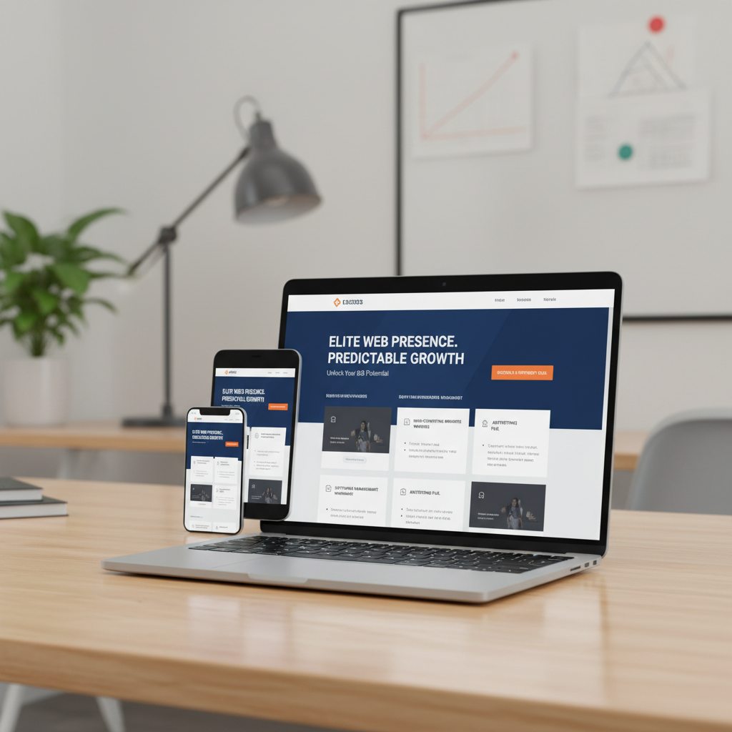 Sleek responsive B2B website mockup on laptop screen with conversion focused landing page design