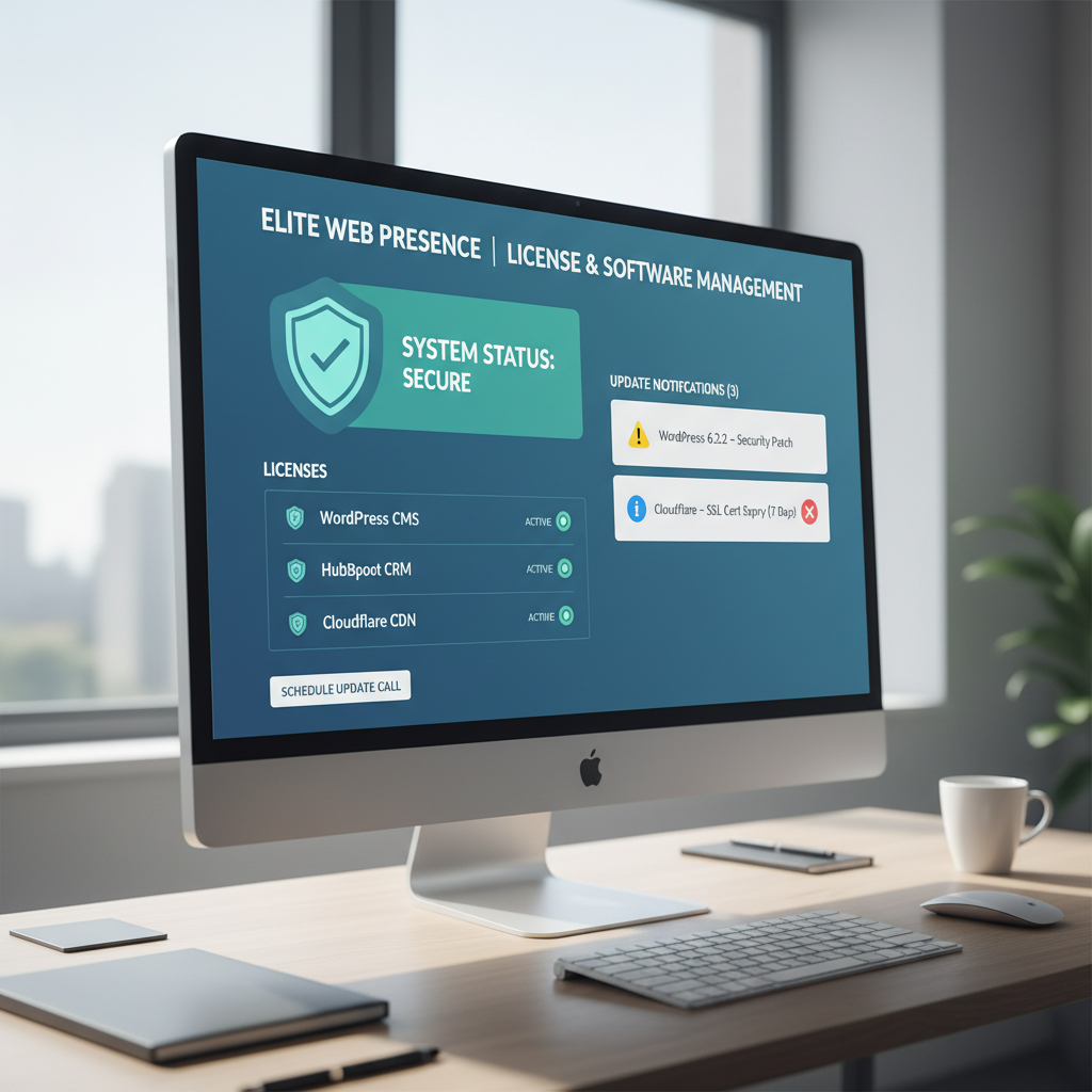 Secure software license management dashboard with security shield icons and update notifications for B2B website maintenance