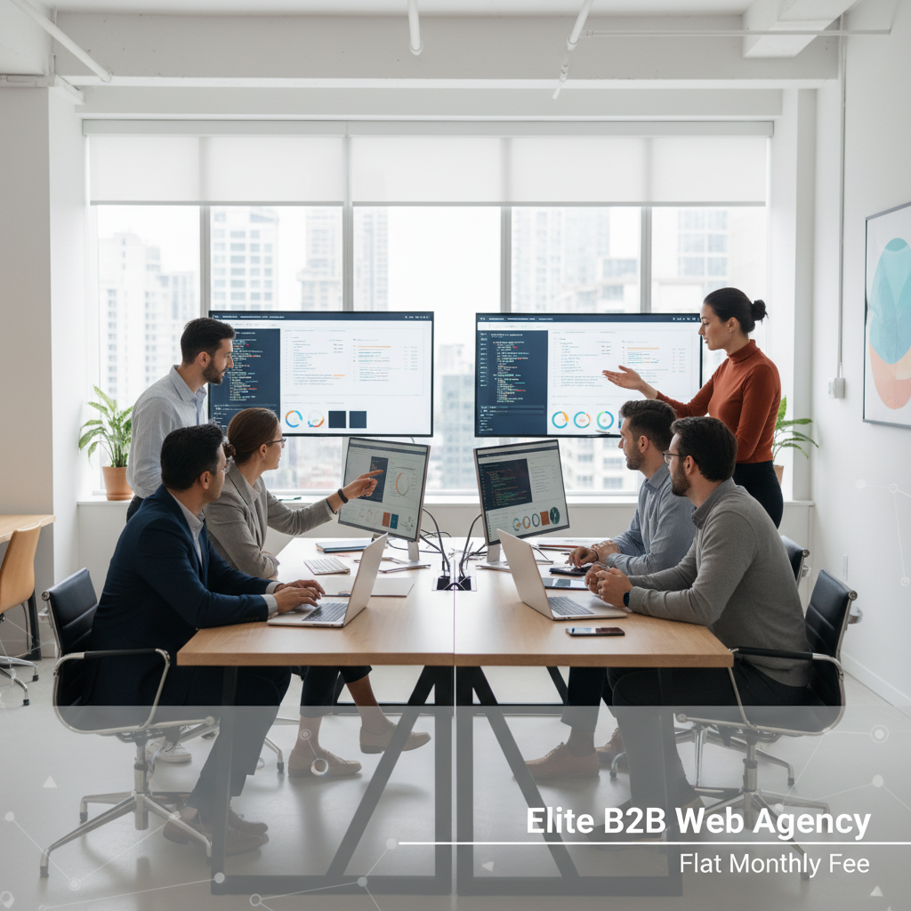 Modern B2B web agency team of designers, developers and strategists collaborating around laptops and analytics dashboards in a bright contemporary office