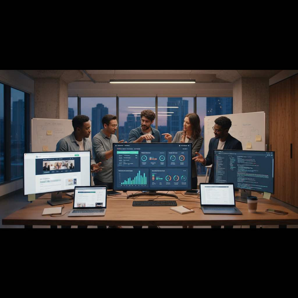 Modern B2B web agency team collaborating on analytics dashboard with website designs and performance metrics on screens