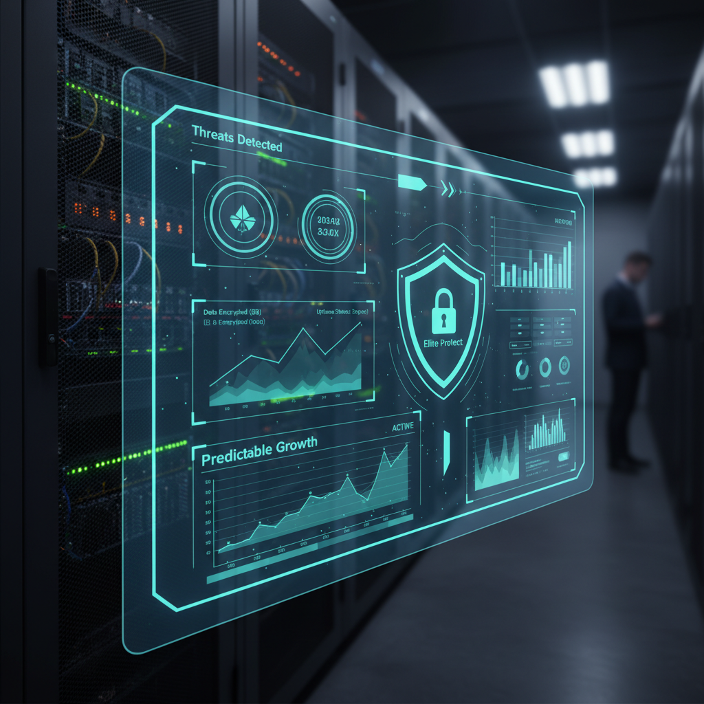 Secure server infrastructure with cybersecurity monitoring dashboard showing real-time protection metrics