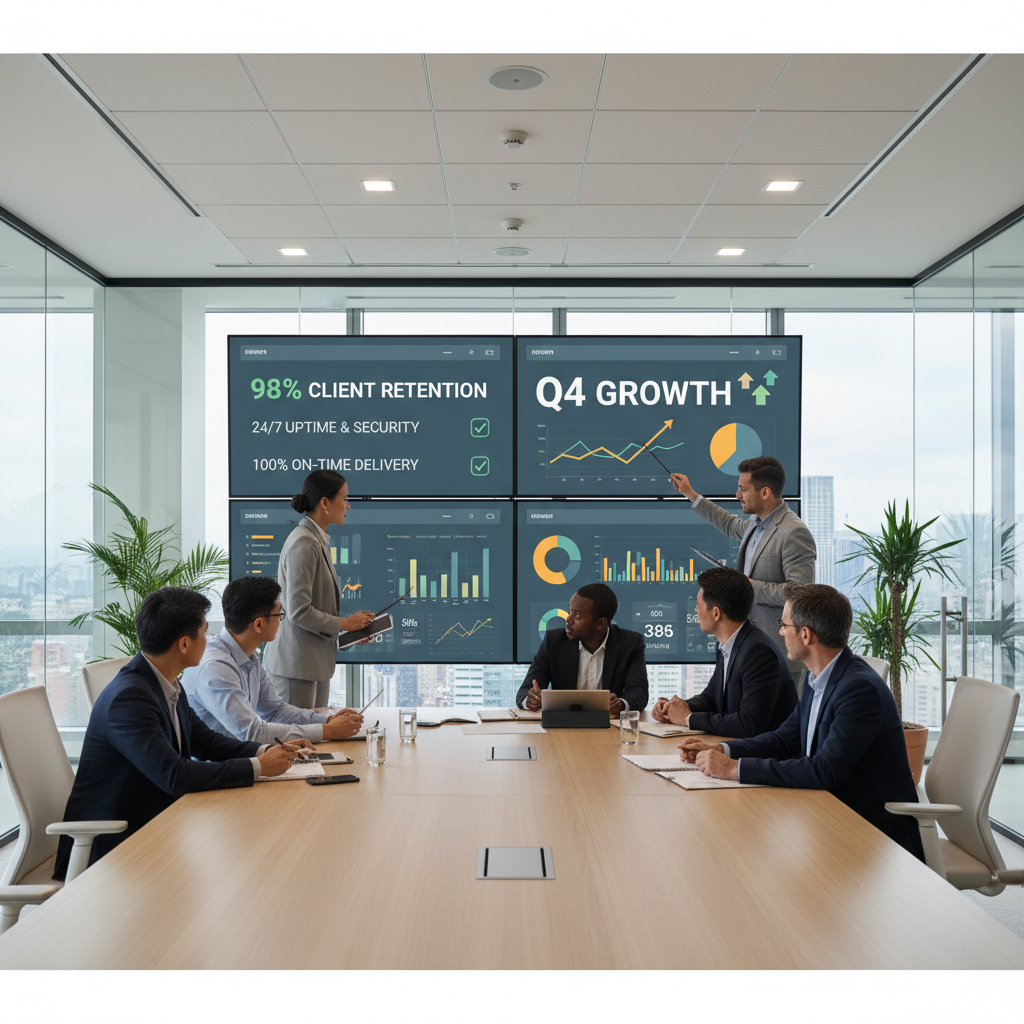 Diverse professional B2B agency team analyzing growth metrics and analytics dashboards on large screens in a modern glass-walled office during a strategy meeting.
