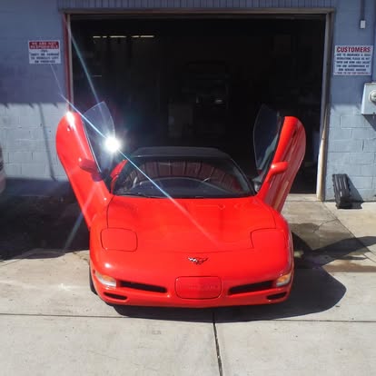Red Corvette at Rusty's Big A Autoworks, Coos Bay, Oregon