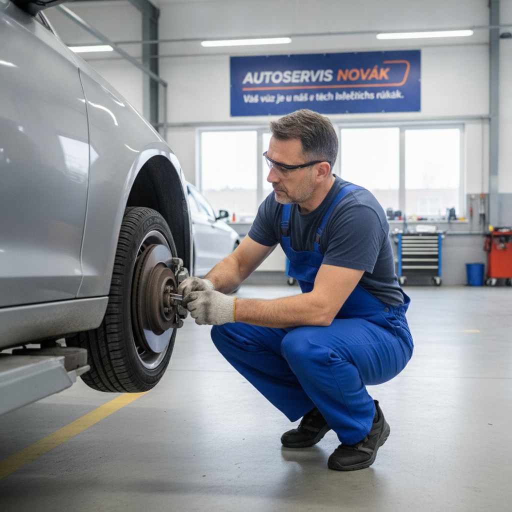 Zkušený mechanik provádí důkladnou kontrolu brzdového systému vozu v moderní dílně AutoServis Novák