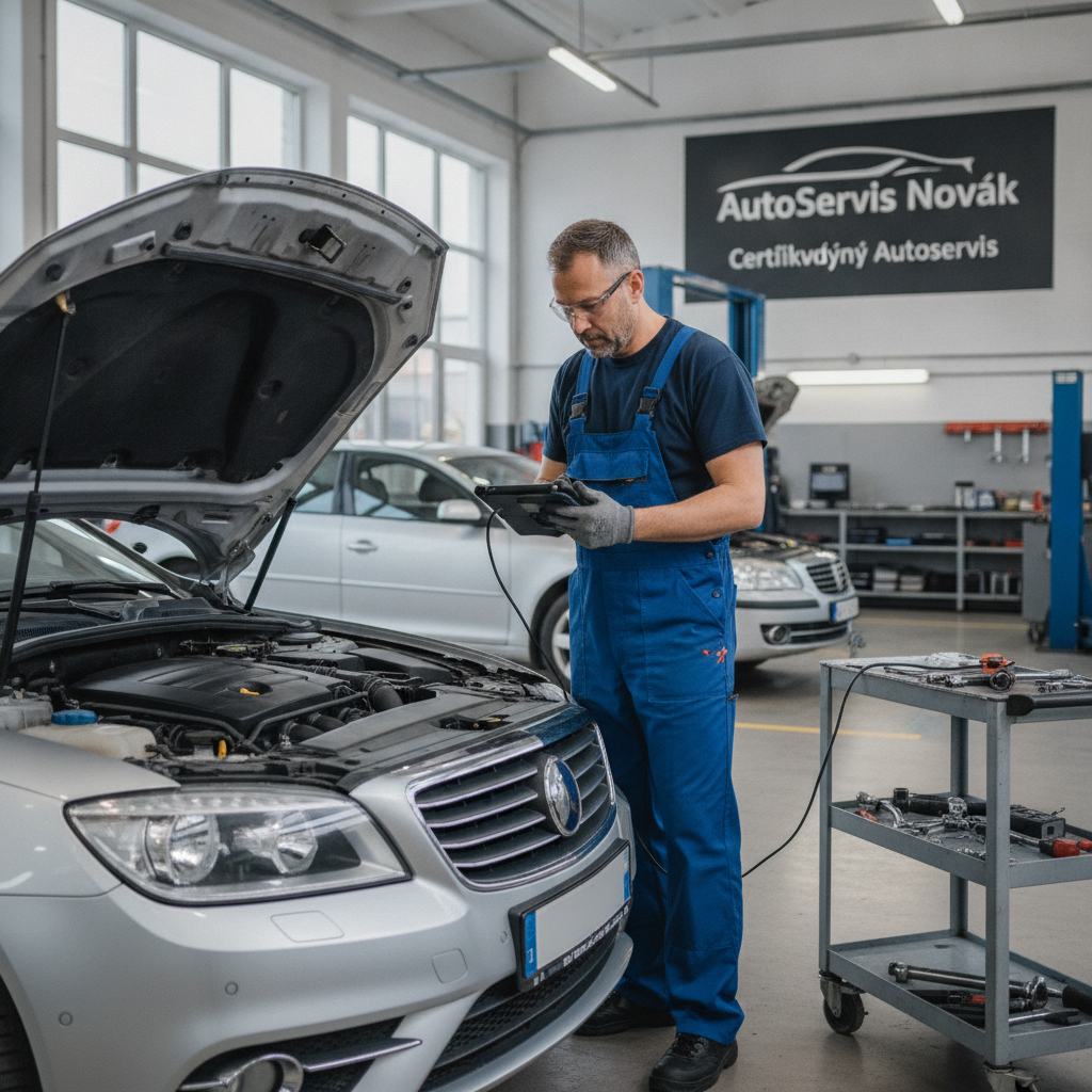 Zkušený mechanik při práci v moderním autoservisu Novák