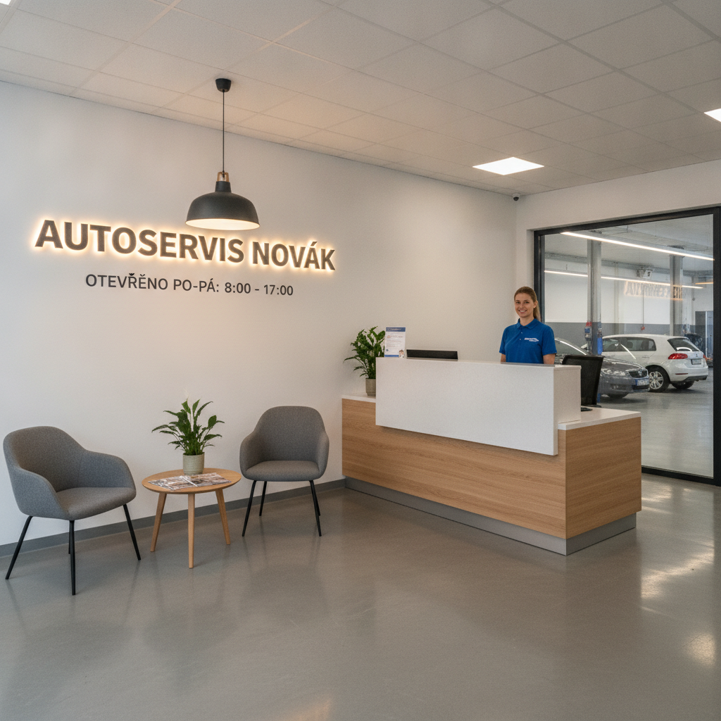 Čistá a moderní recepce s příjemnou čekárnou pro zákazníky AutoServis Novák