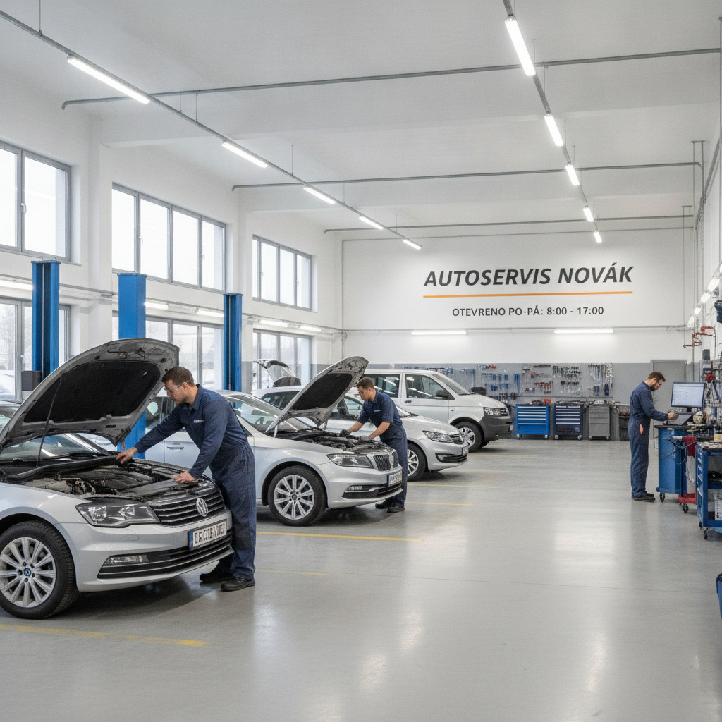 Moderní autoservis a profesionální mechanici při práci v čisté dílně