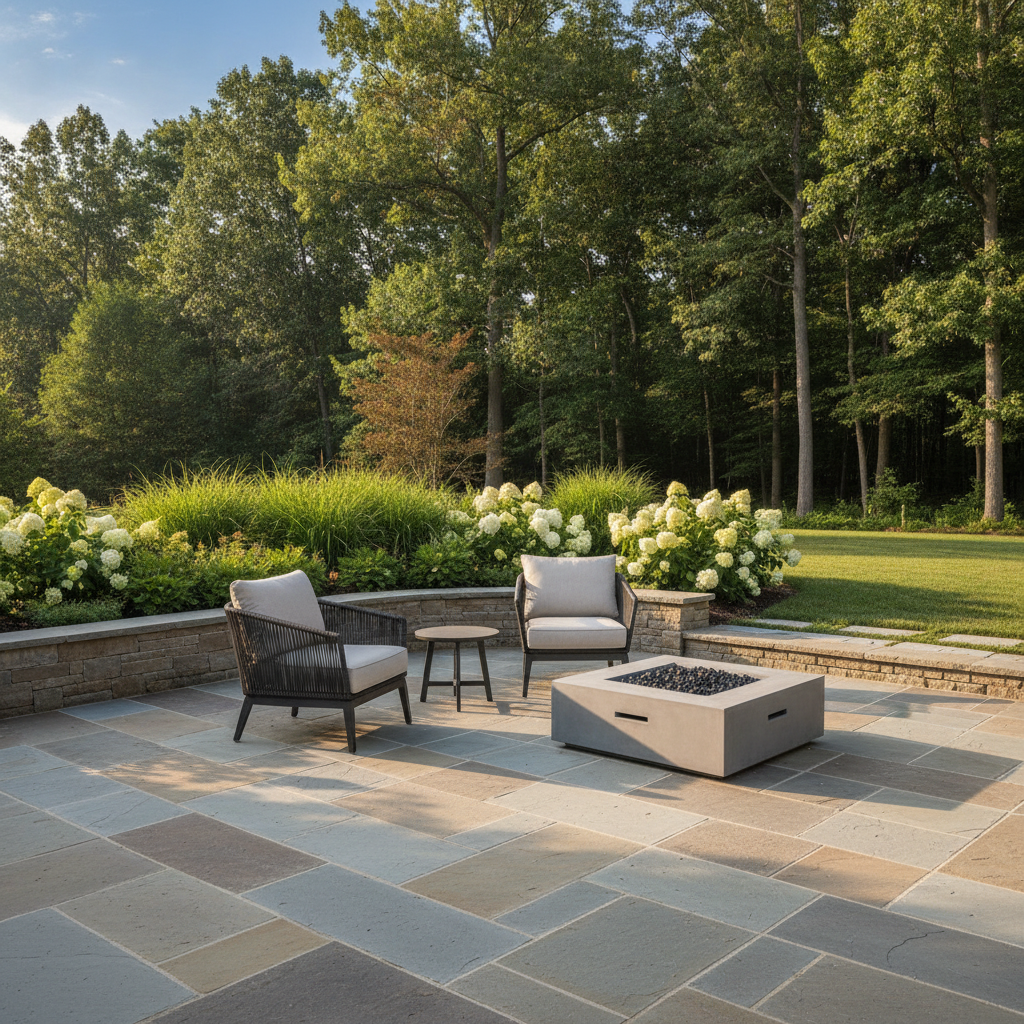Newly installed elegant stone patio with outdoor seating