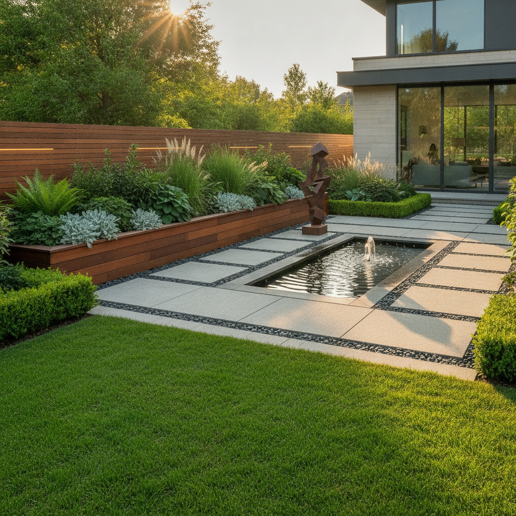 Beautifully designed modern landscape garden with clean lines and lush greenery