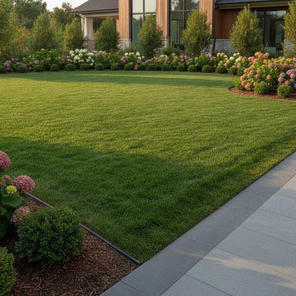 Perfectly manicured lush green lawn with sharp garden edges