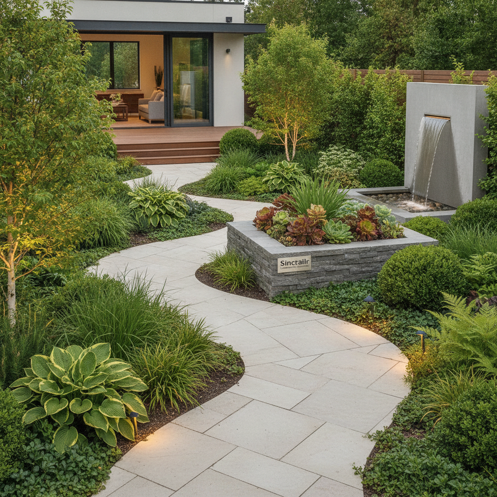 Beautifully landscaped modern garden with stone pathways and lush greenery built by Sinclair Landscaping Solutions