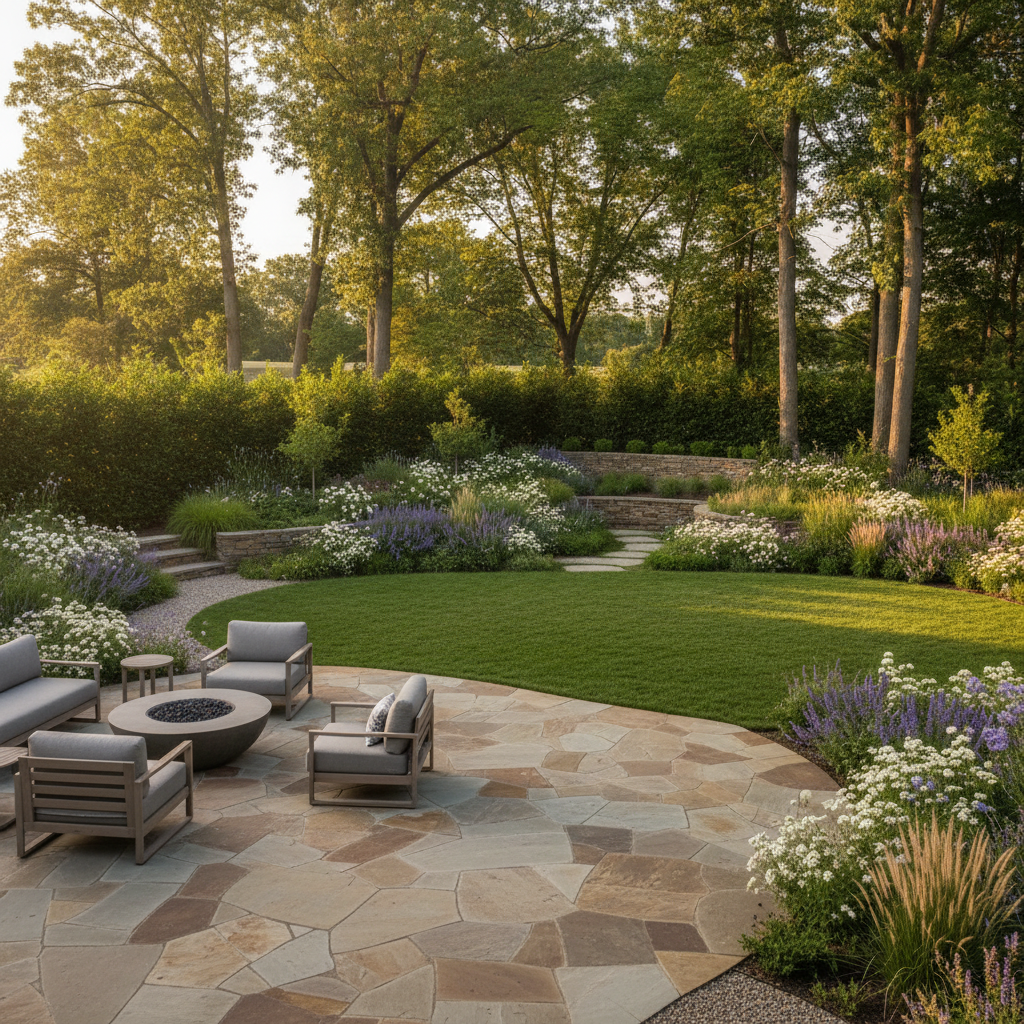 A wide shot of a completed landscaping project showing a beautiful patio, garden, and lawn