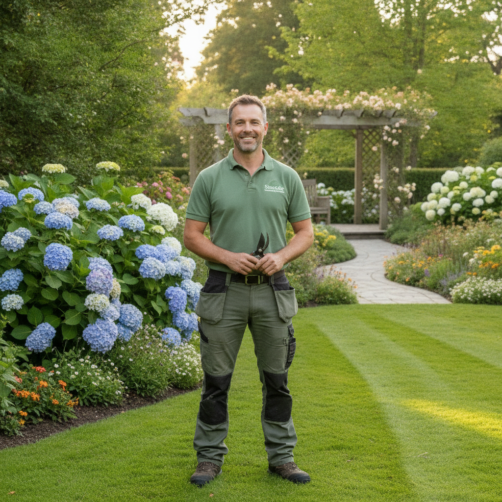 A professional and friendly landscaper from Sinclair Solutions smiling in a beautiful garden