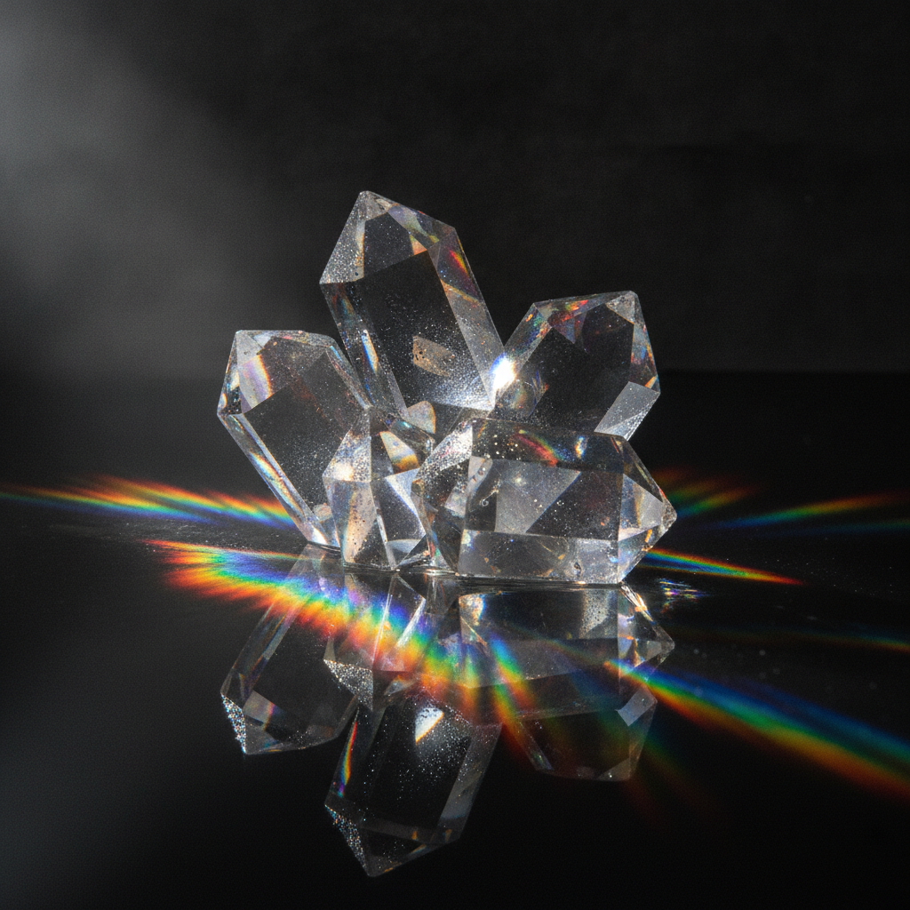 Cool prism crystals refracting rainbow light with dramatic geometric facets and iridescent reflections in vibrant spectral colors