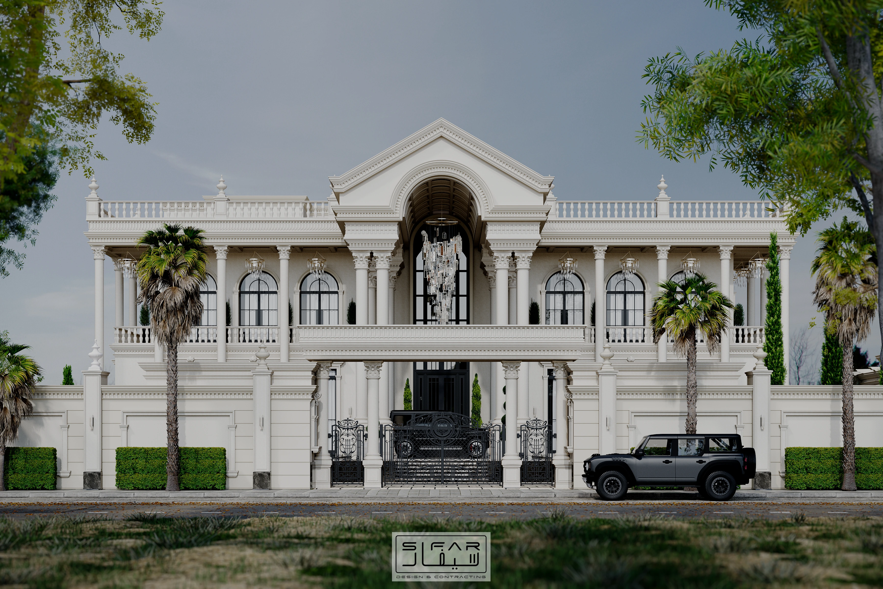 SIFAR neoclassical villa exterior concept with a symmetrical façade, arched entrance, columns, and landscaped frontage