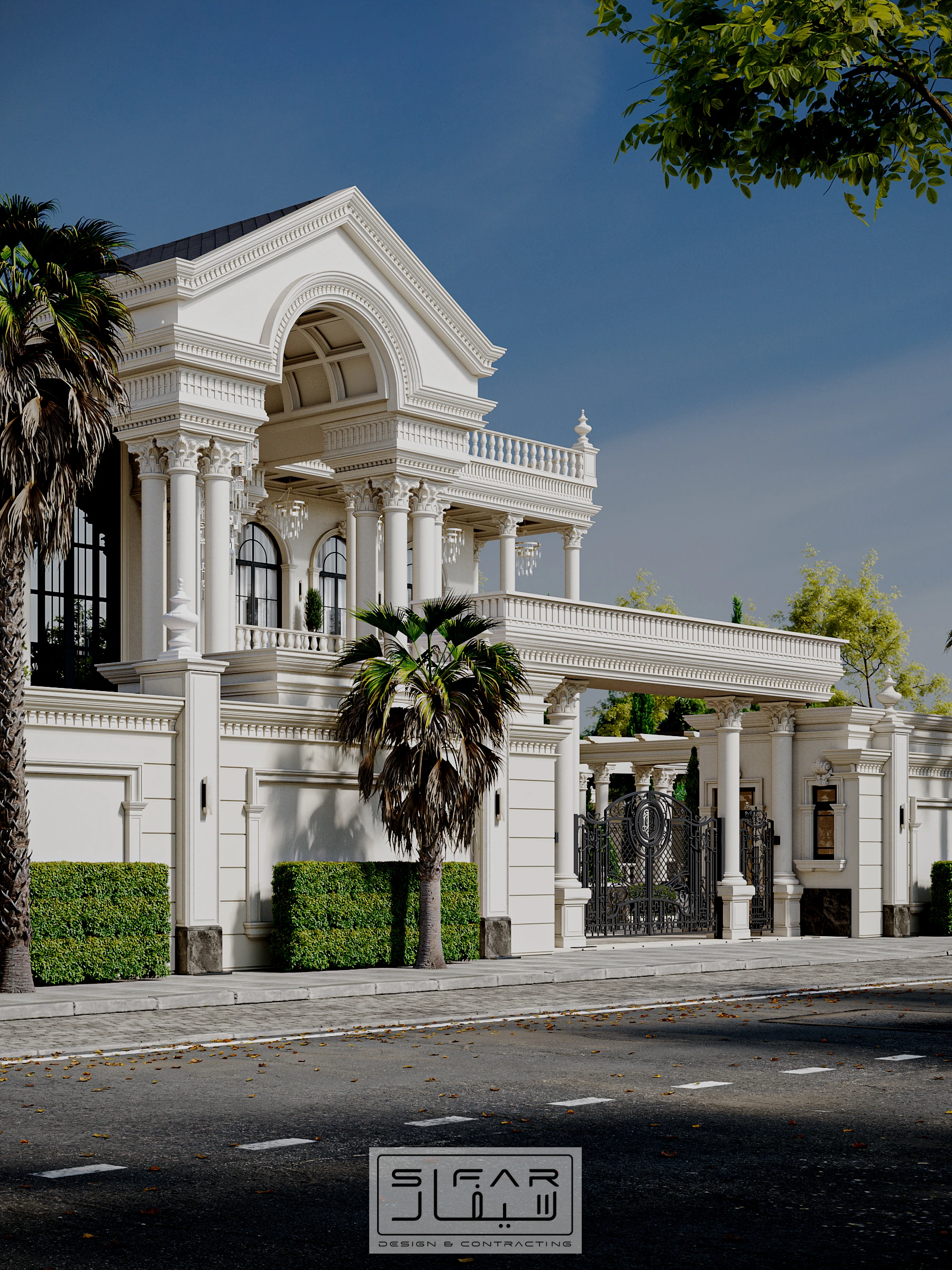 Neoclassical villa design concept from a front angle with arched windows, columns, and formal landscaping