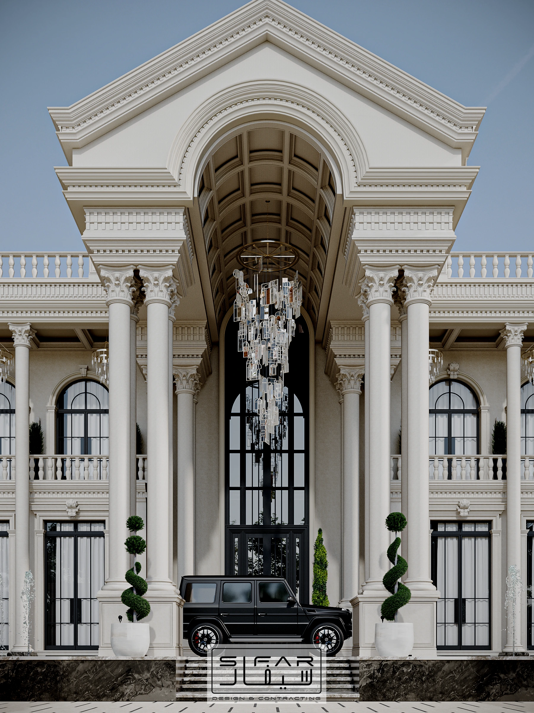 Grand neoclassical villa entrance concept with tall classical columns, arched canopy, and formal arrival axis