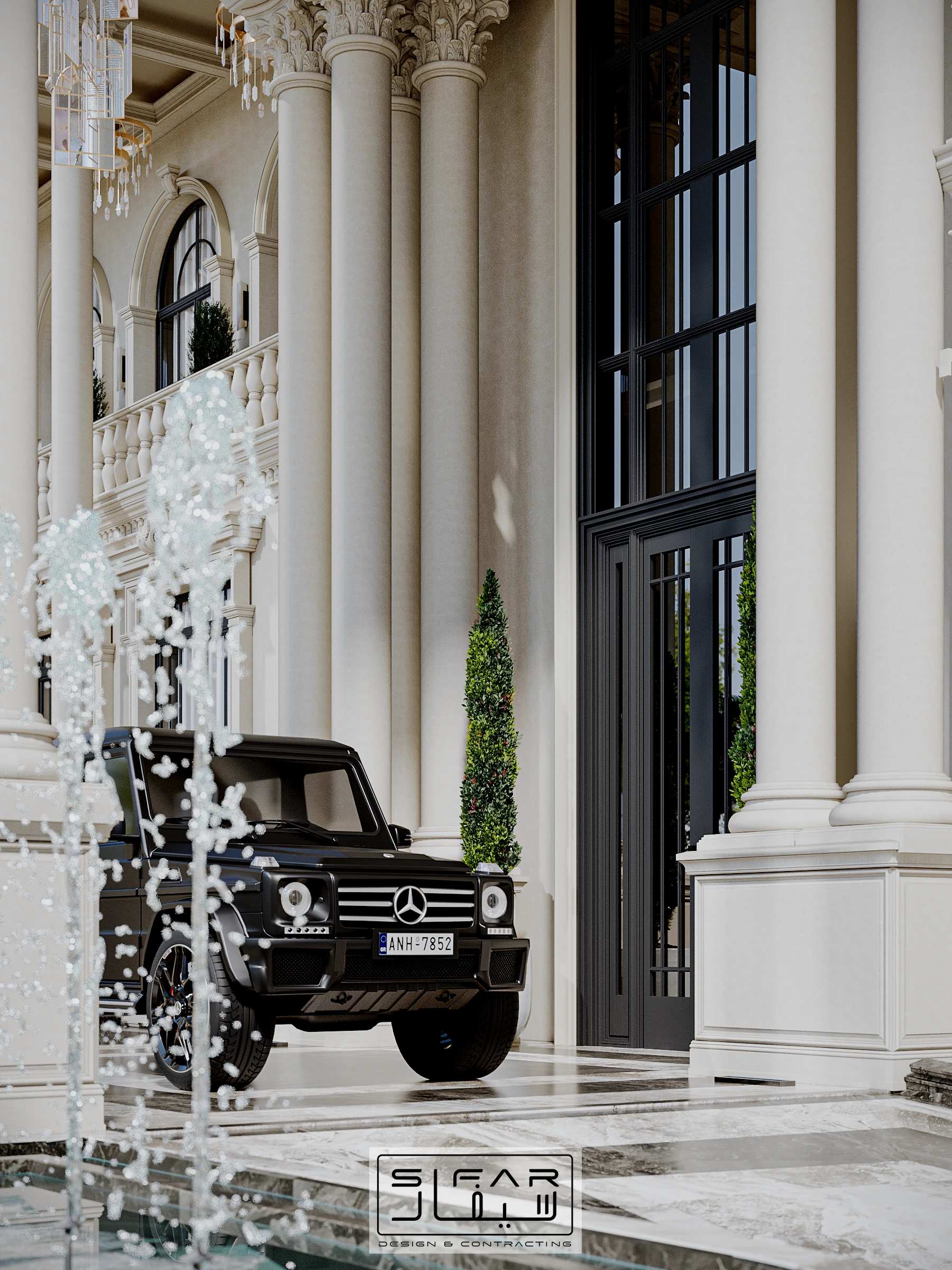 Luxury villa entrance arrival concept with monumental columns, black framed doors, and refined stone paving