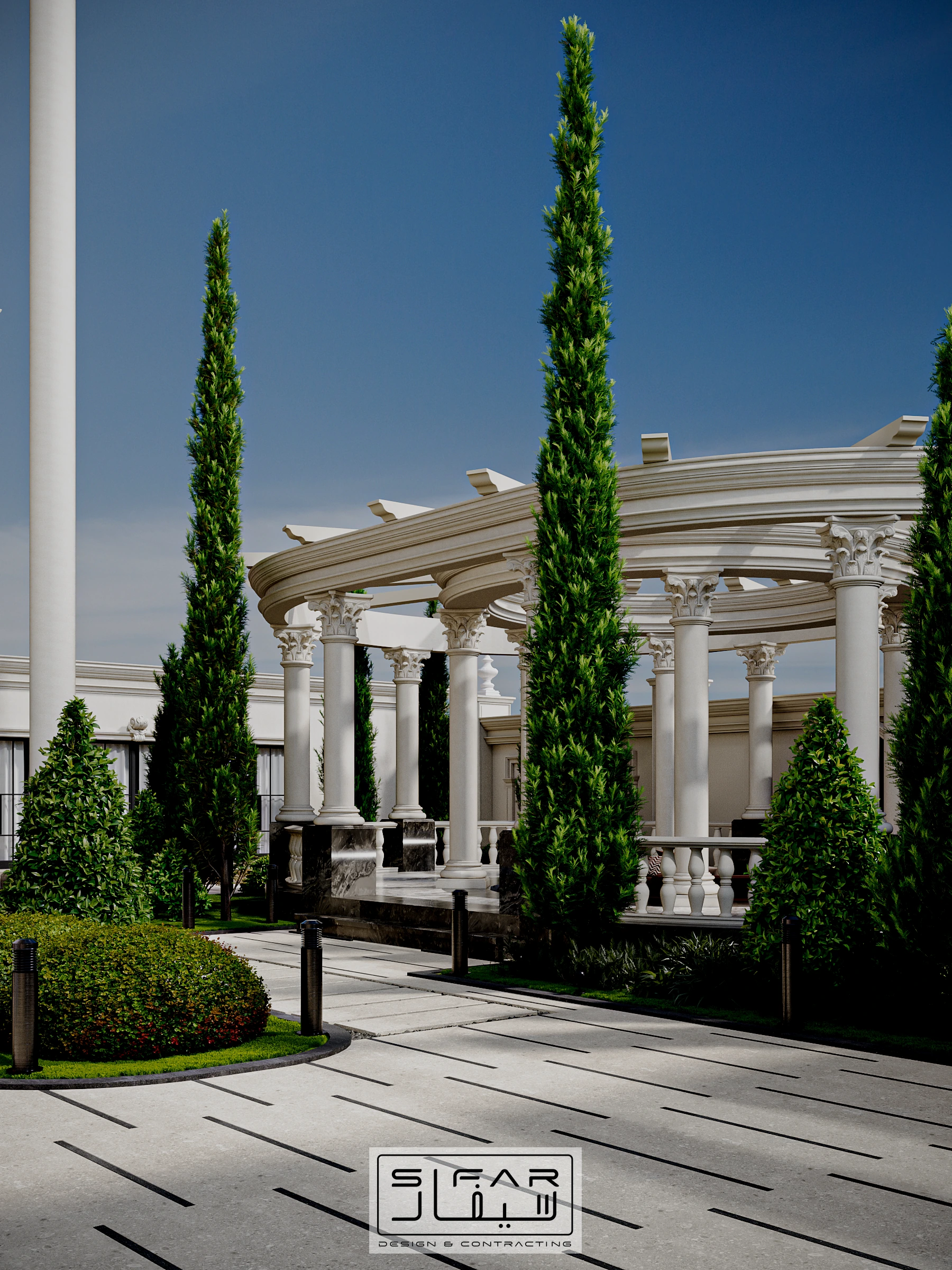 Villa driveway concept with classical colonnade, tall cypress planting, and formal paved approach