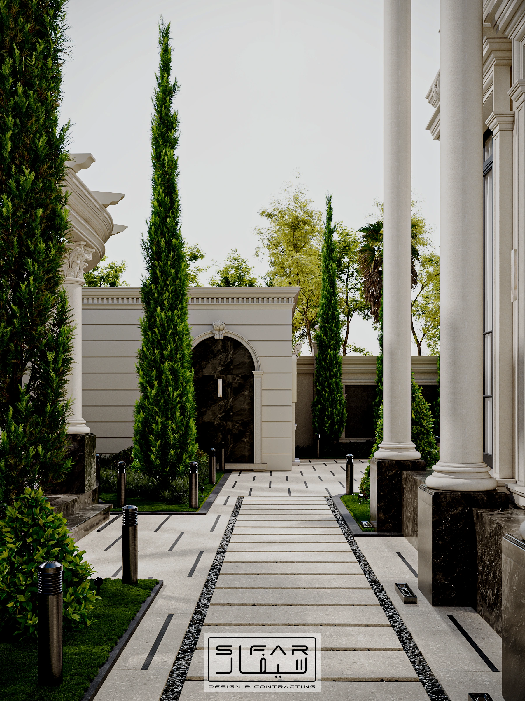 Landscaped villa walkway concept with formal stone paving, columned architecture, and tall cypress trees