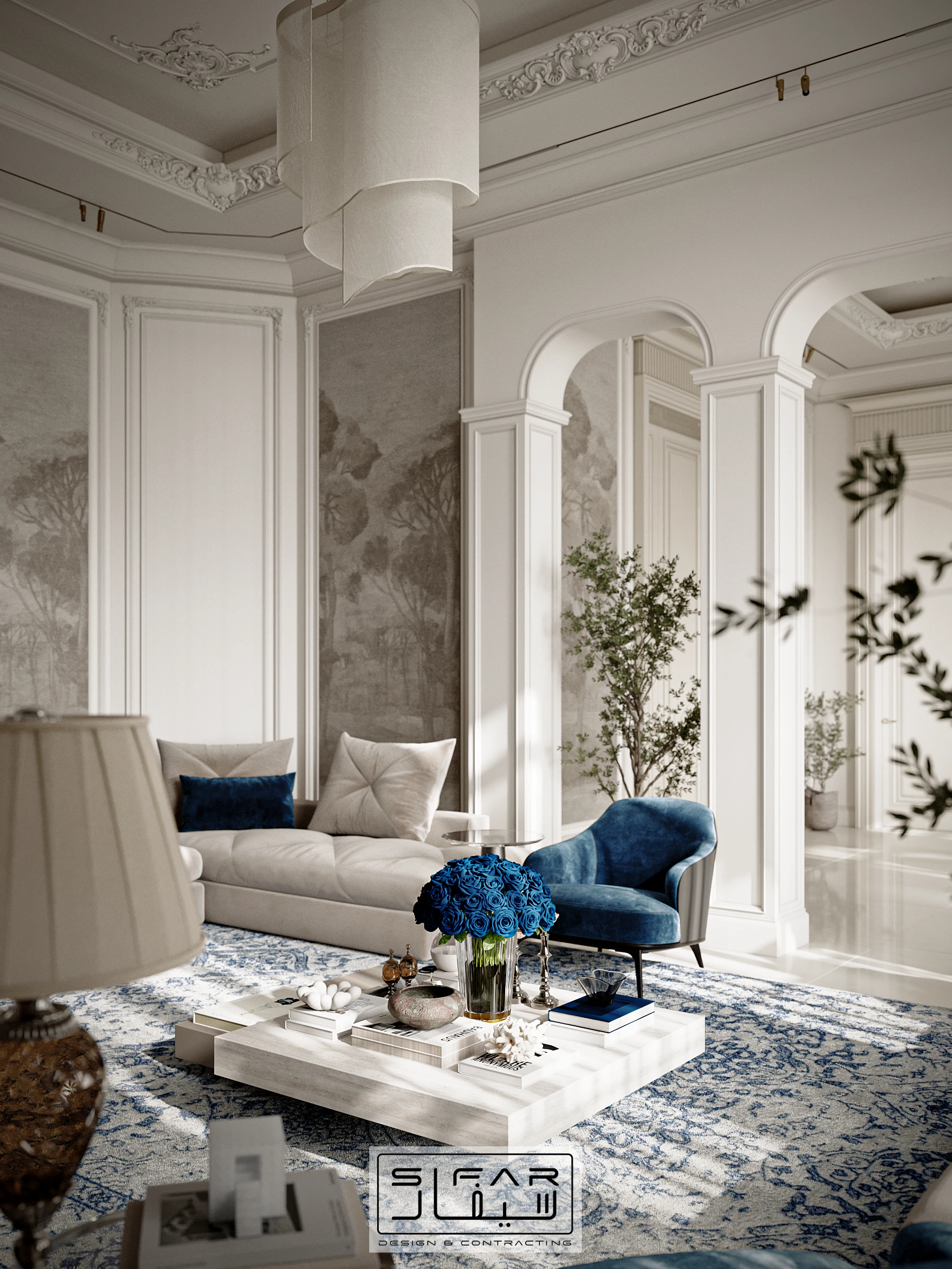 SIFAR family living room concept with ivory seating, blue accents, arched openings, and layered classical wall detailing