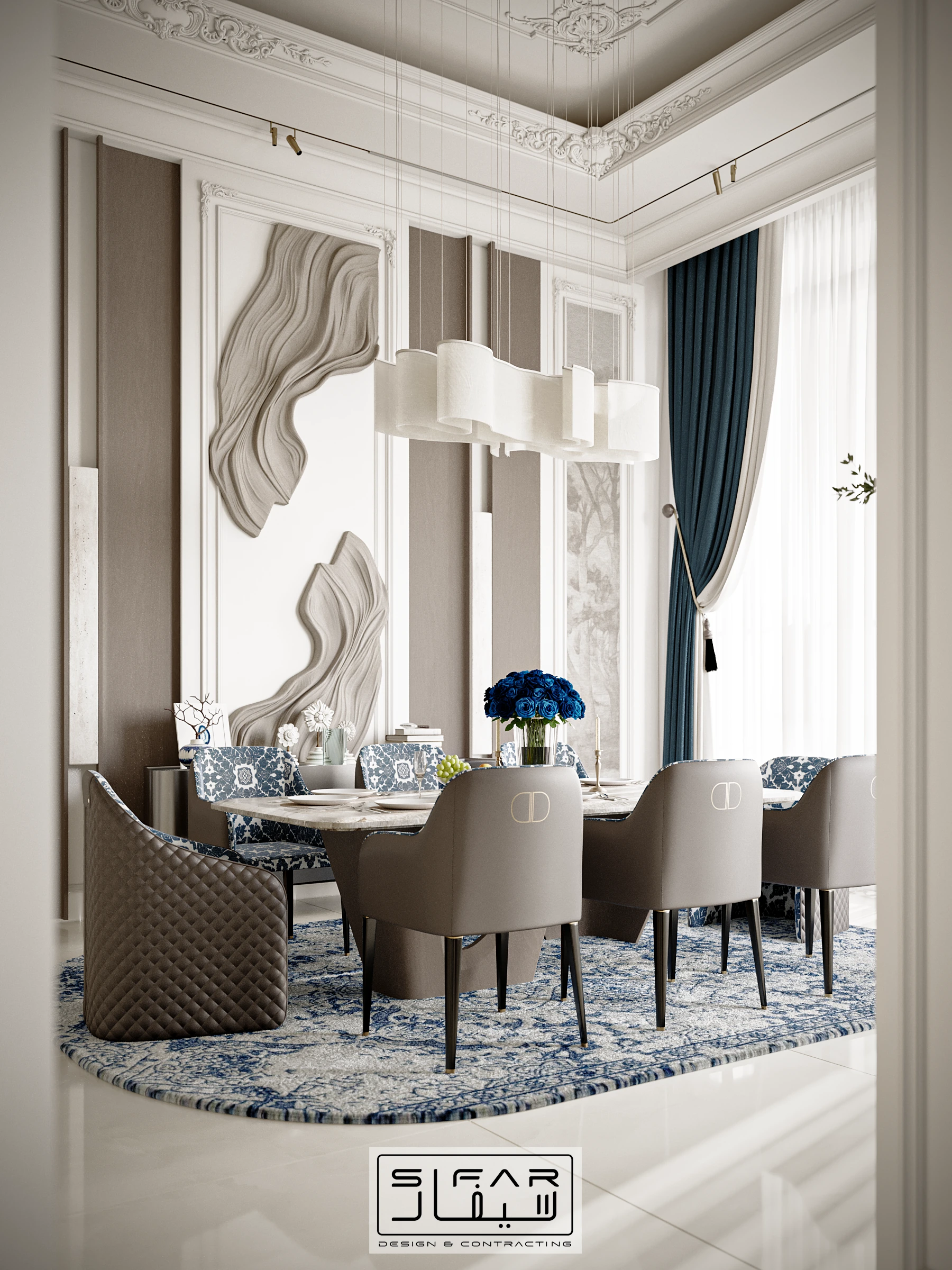 Elegant family dining room concept with sculptural wall art, blue drapery, upholstered chairs, and statement pendant lighting
