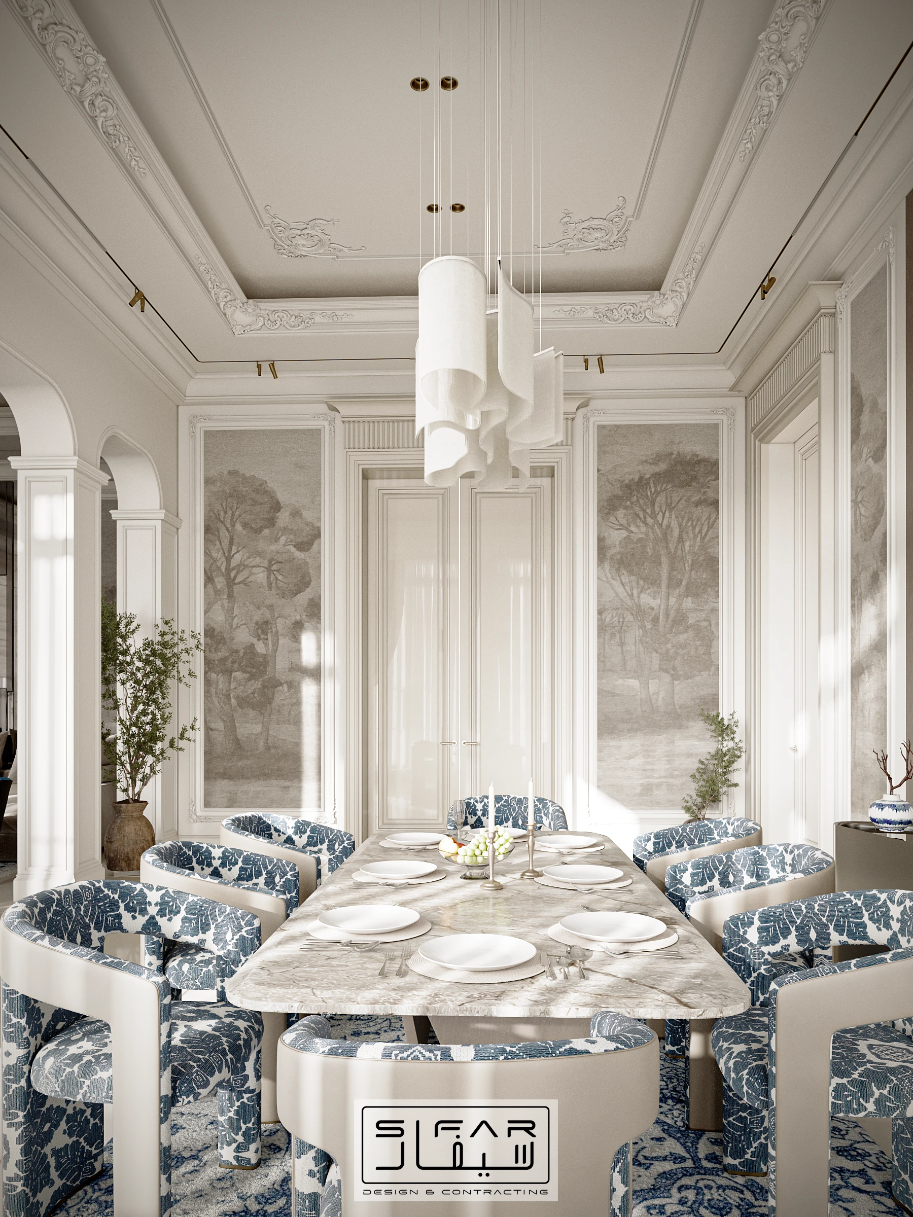 Formal dining room concept with marble dining table, patterned blue chairs, classical ceiling details, and pendant lights