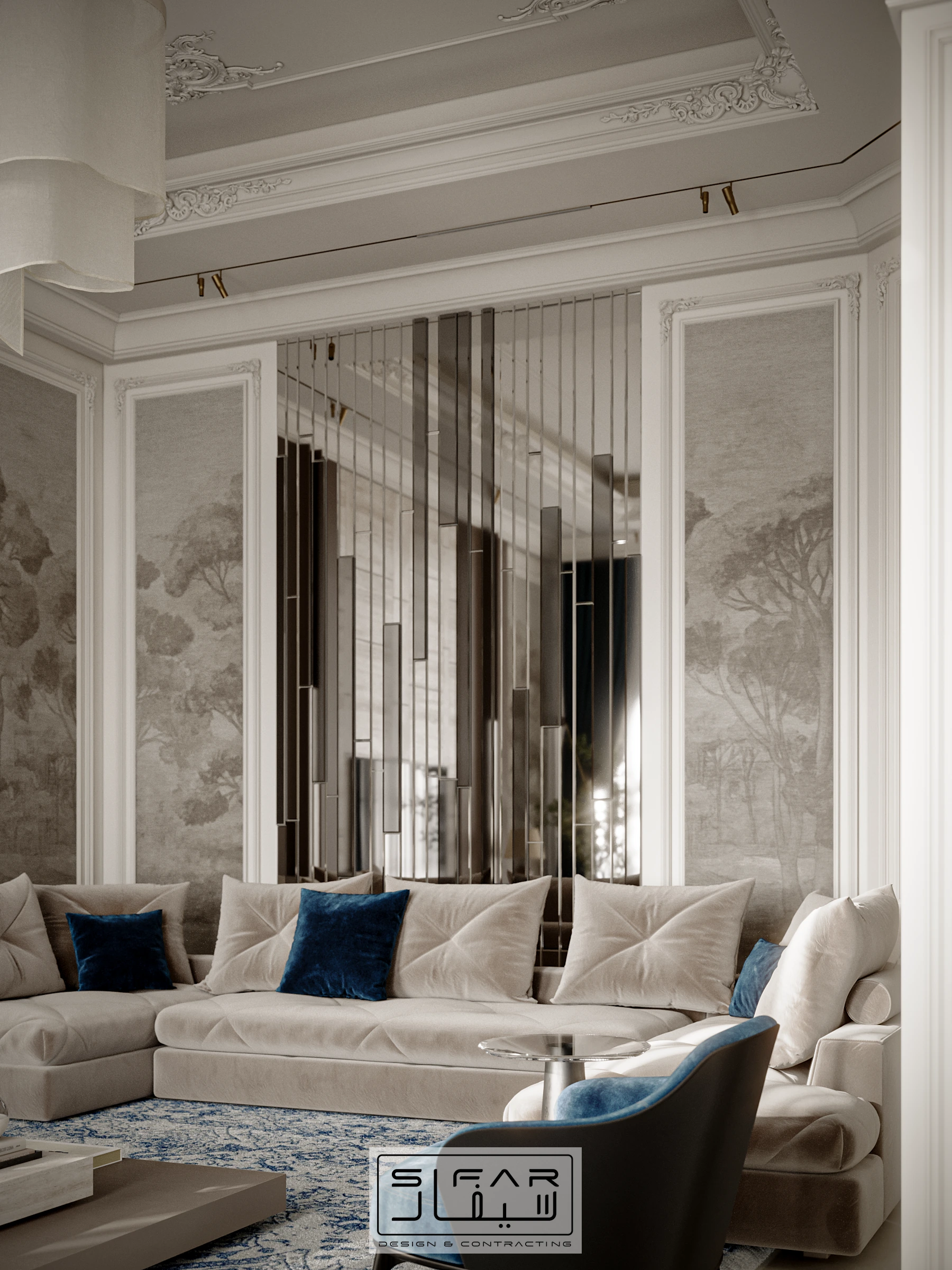 Family lounge seating detail with ivory sectional sofa, deep blue cushions, mirrors, and decorative wall panels