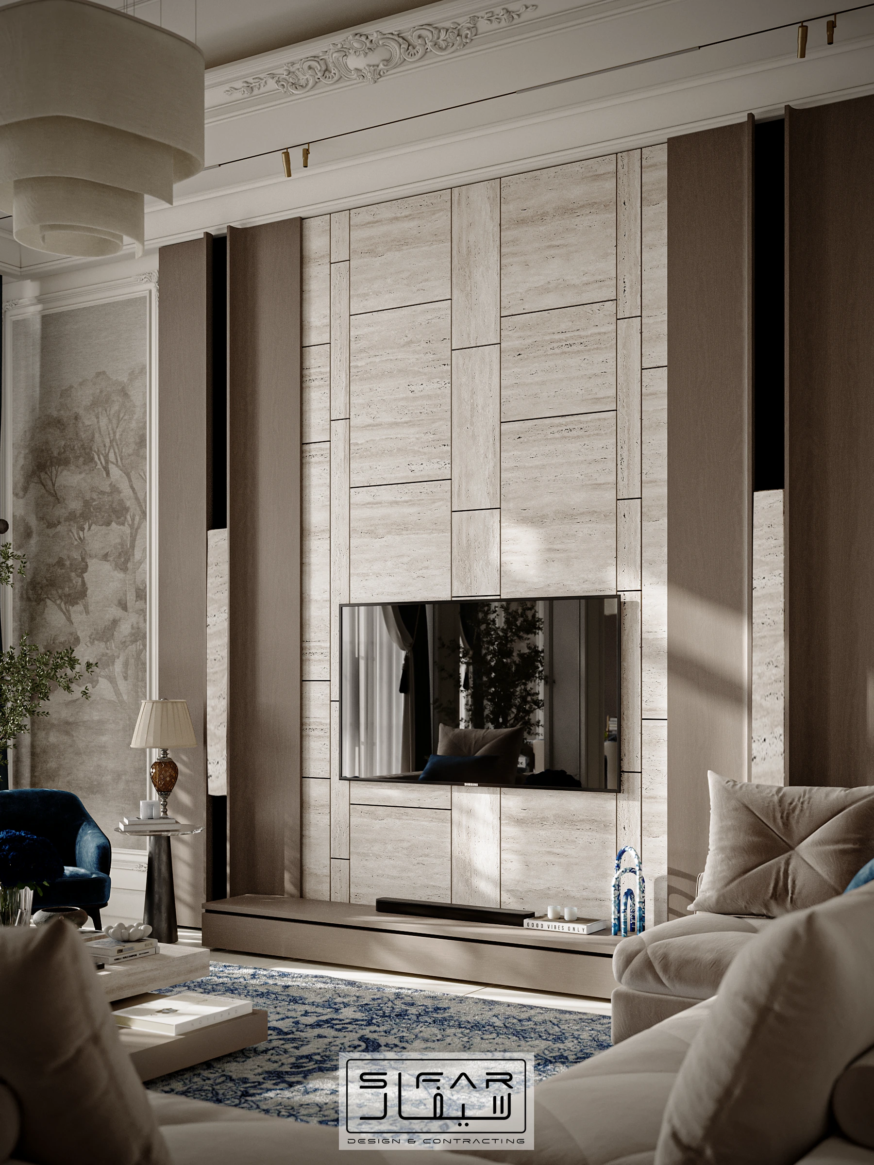 Luxury living room media wall detail with textured stone panels, bronze vertical accents, and integrated television