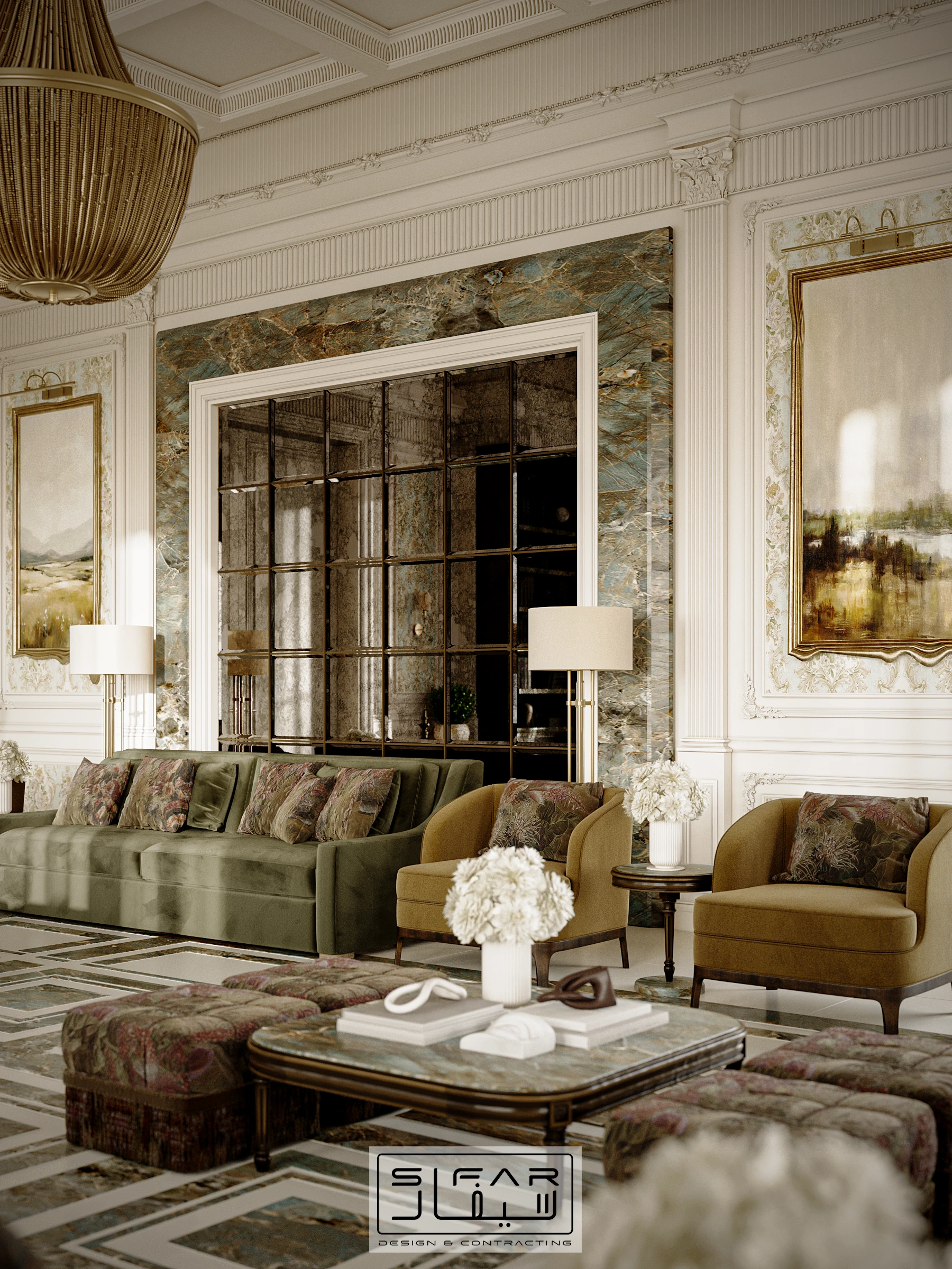 Olive majlis wide view with green sofa, bronze accent chairs, mirrored wall, artwork, and patterned stone flooring