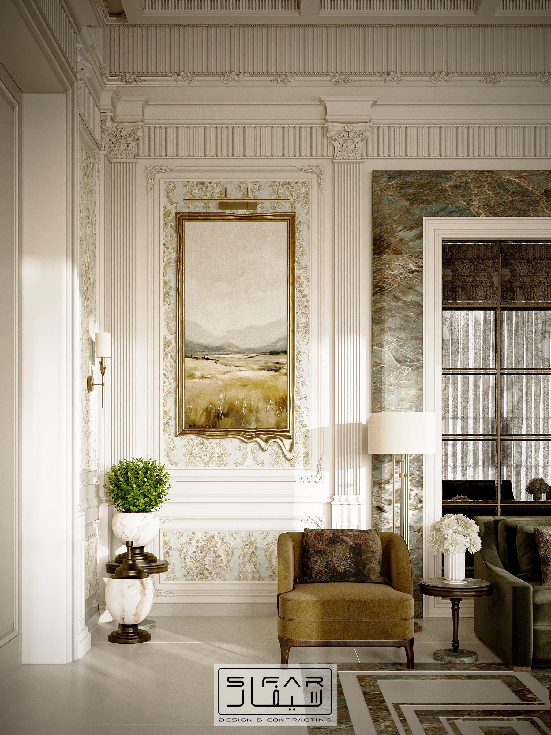 Classical majlis corner with framed artwork, bronze accent chair, topiary, and decorative wall moulding