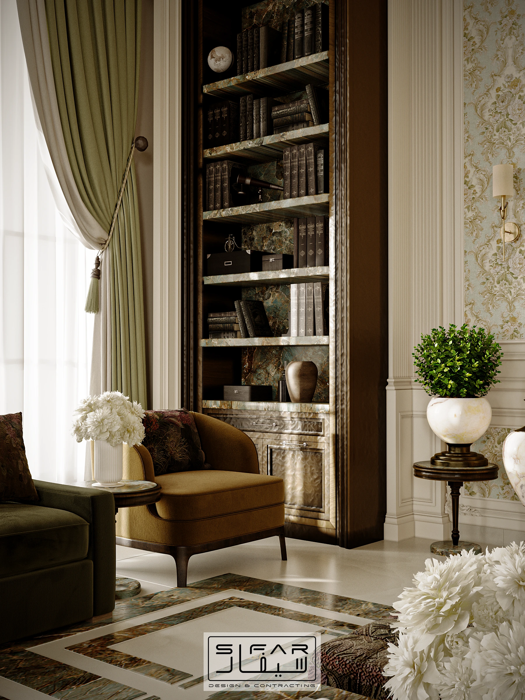 Majlis bookcase and window detail with built-in shelving, green drapery, bronze chair, and decorative accessories
