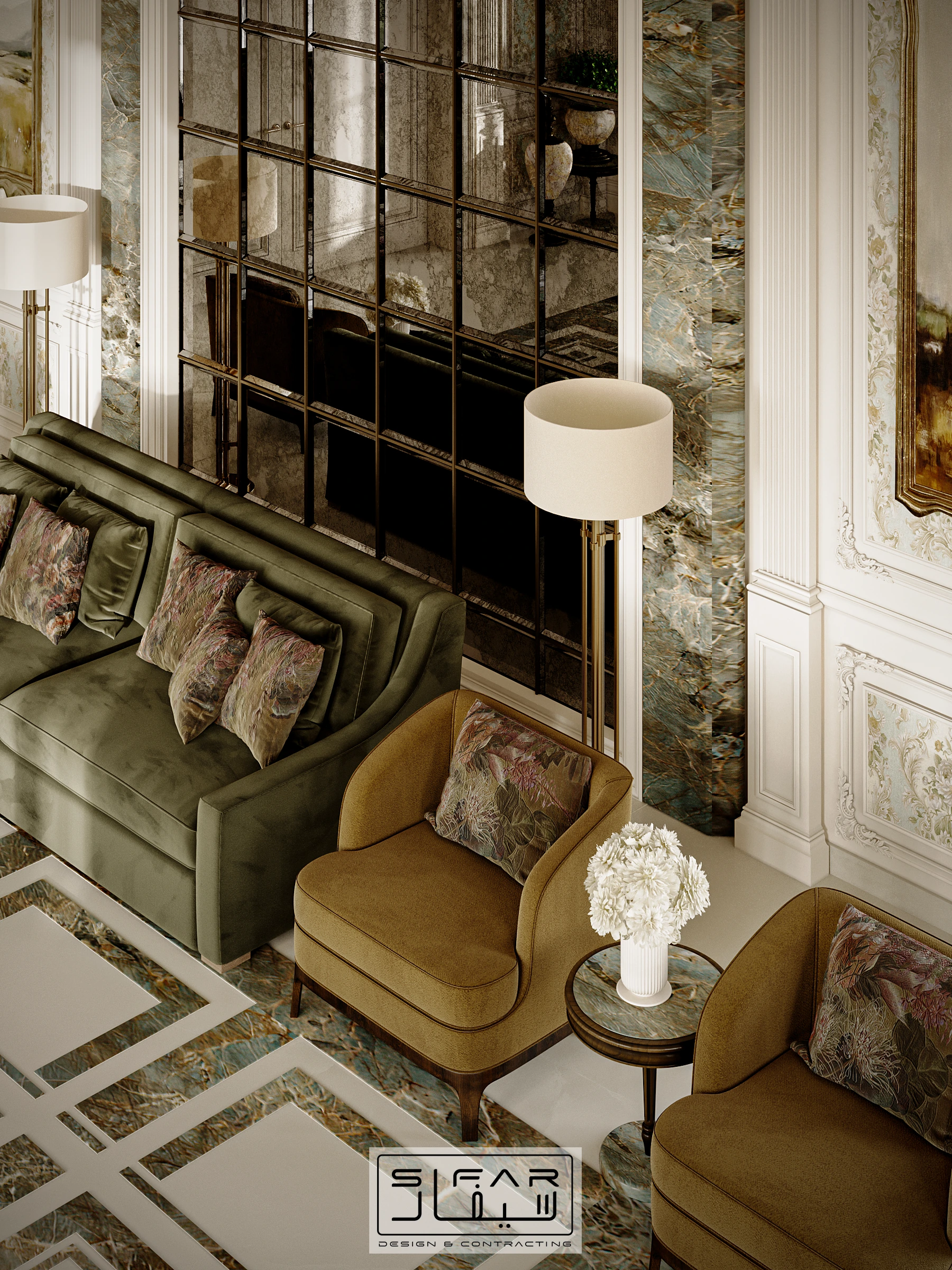 Olive majlis seating detail with green sofa, bronze chairs, mirrored wall, side tables, and coordinated cushions