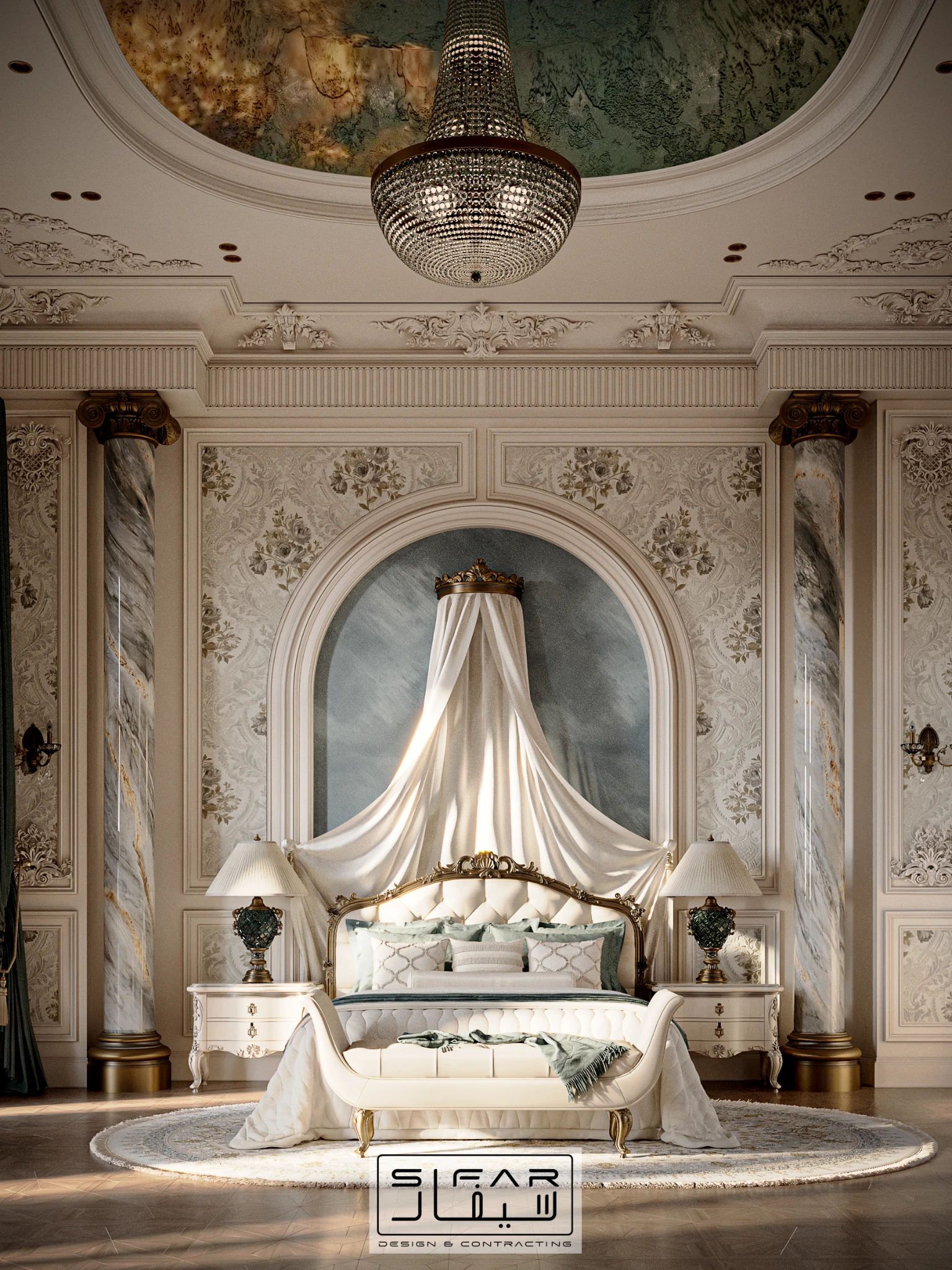 Classical master suite concept with sculptural canopy bed, chandelier, ornate ivory wall detailing, and soft blue accents