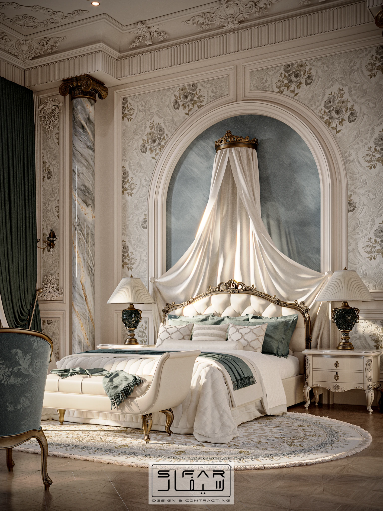Classical bedroom angled view with canopy bed, carved wall panels, layered drapery, and pale blue textiles