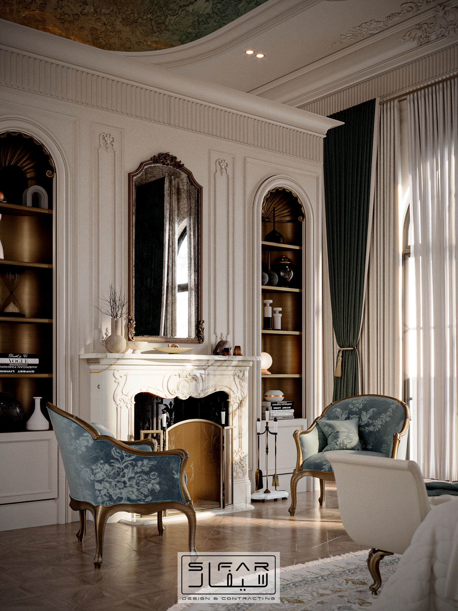 Classical master suite lounge with carved fireplace, arched display niches, blue accent chairs, and tall drapery