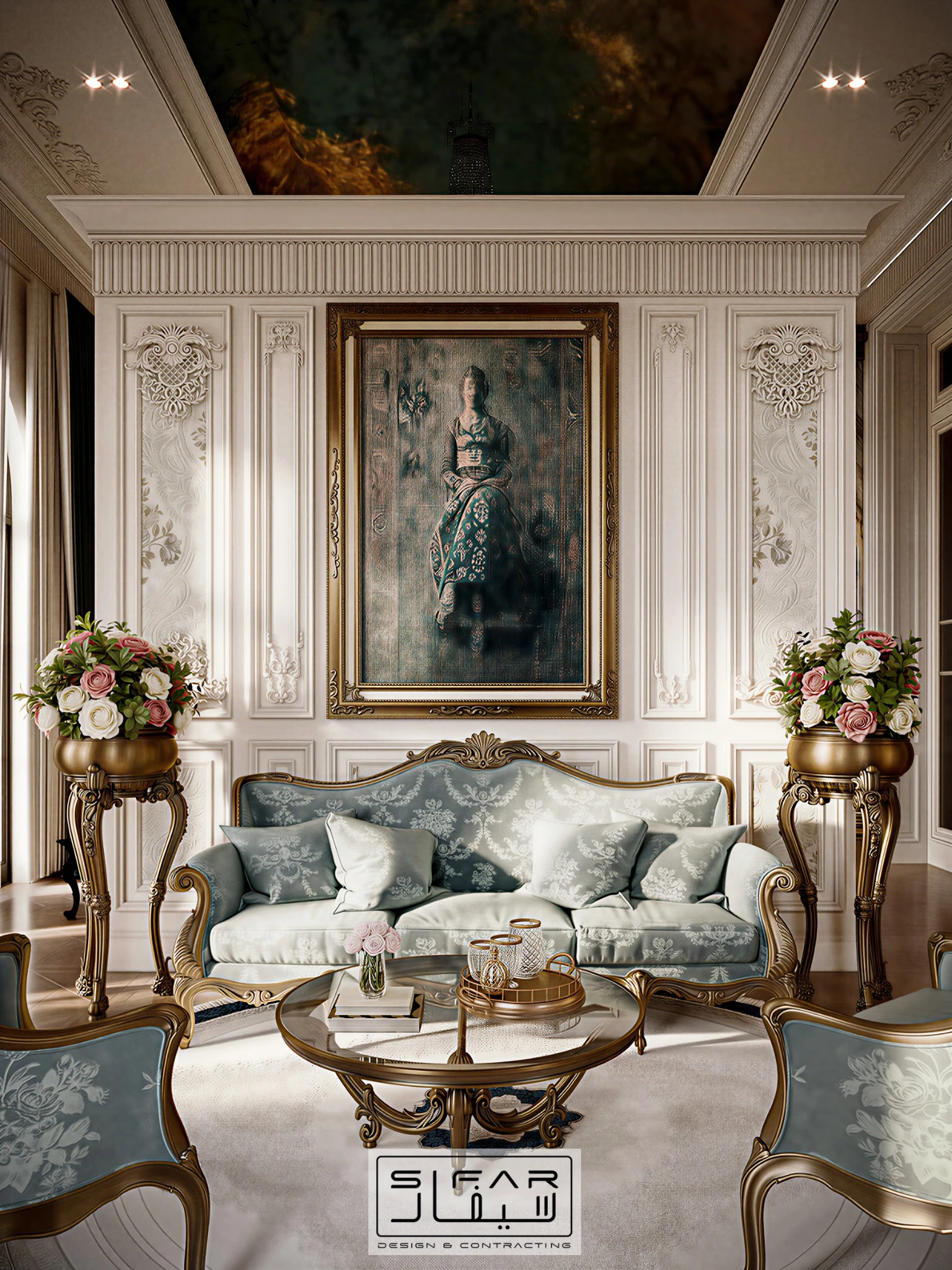 Symmetrical private sitting area with pale blue classical sofa, floral urns, framed artwork, and carved wall panels