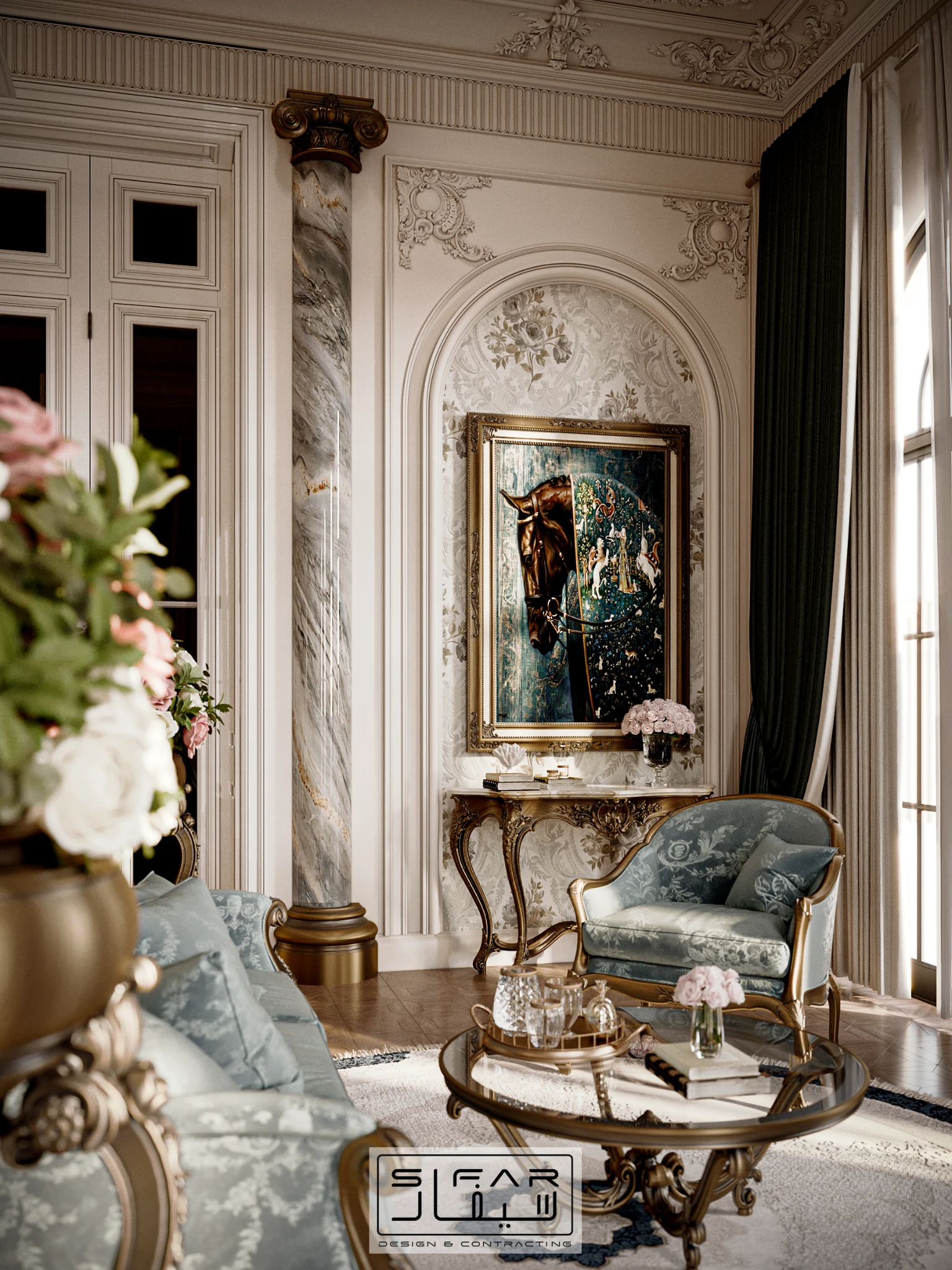 Classical sitting area detail with blue accent chair, framed artwork, gilded console, and layered drapery
