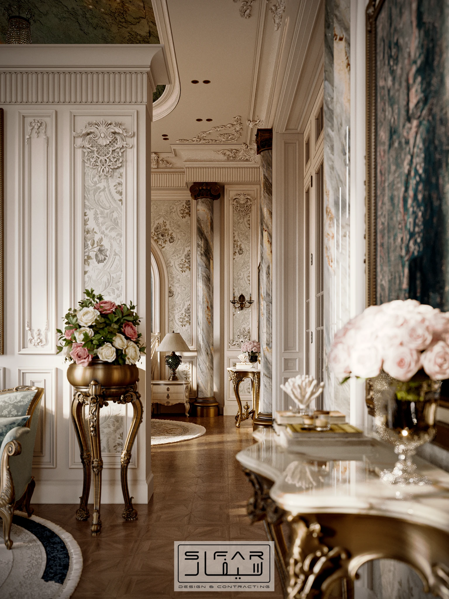 Classical master suite passage with marble columns, carved wall panels, floral urn, and layered drapery