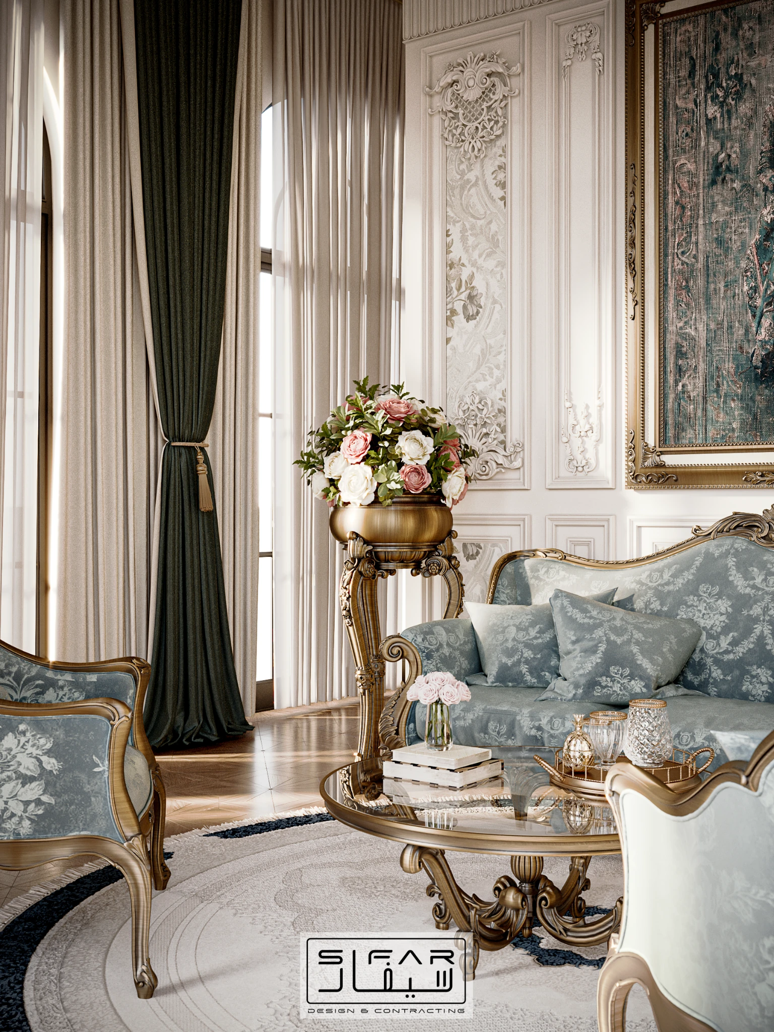 Classical private lounge with pale blue sofa, glass table, floral styling, gilded details, and tall drapery