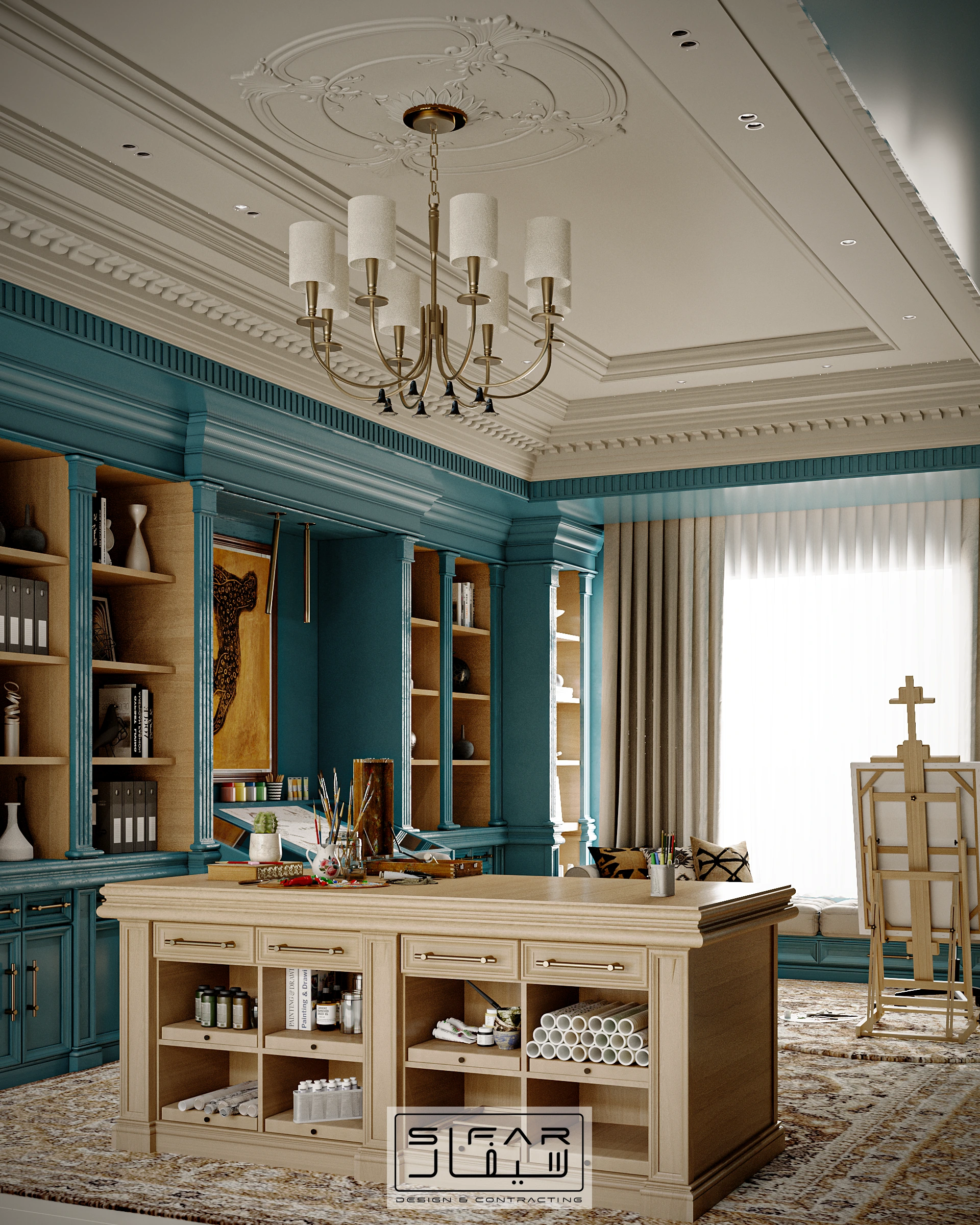 SIFAR bespoke home studio concept with teal cabinetry, central work island, display shelving, chandelier, and window seating