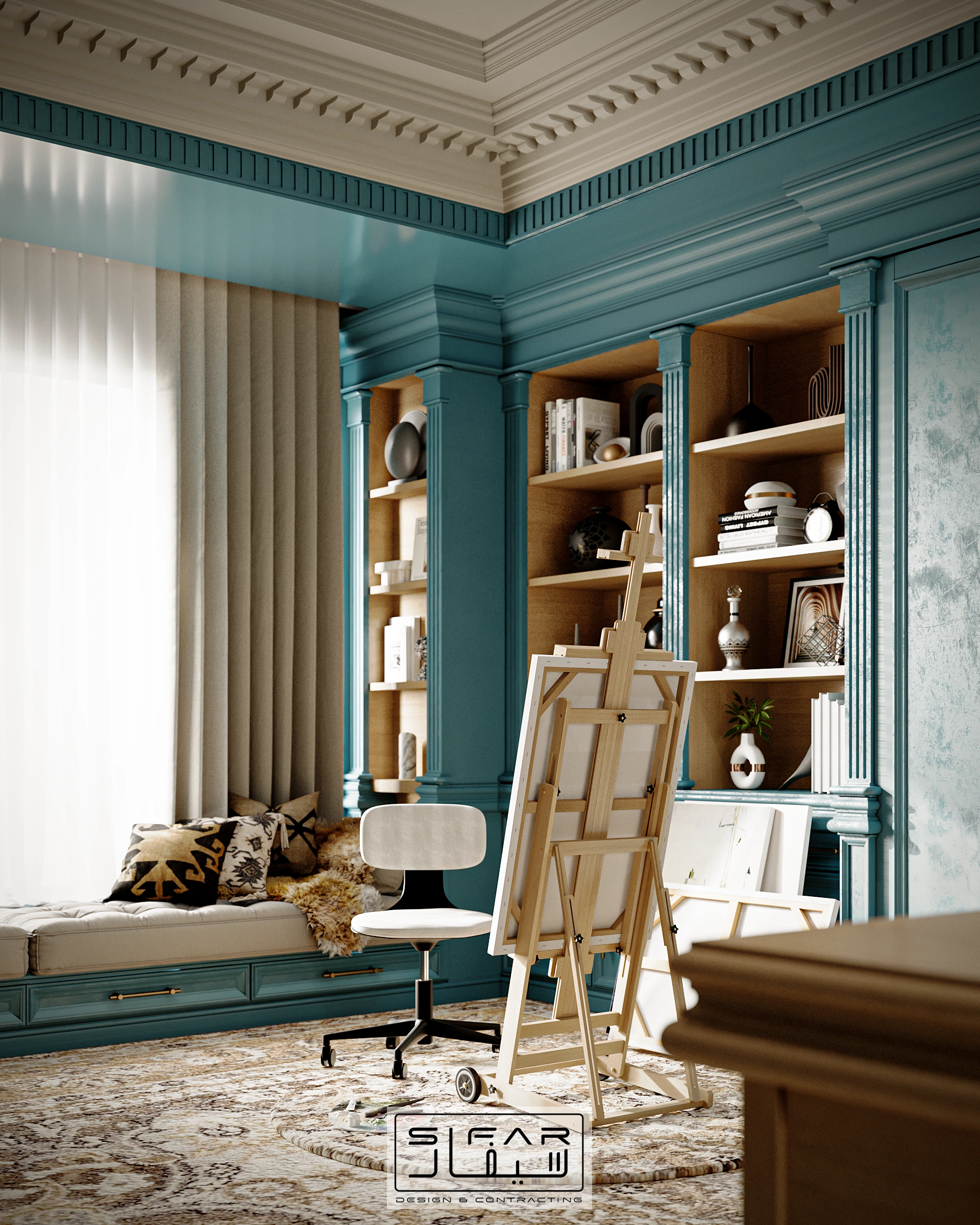 Bespoke studio window seating with teal built-in shelving, integrated bench, display storage, and artist easel