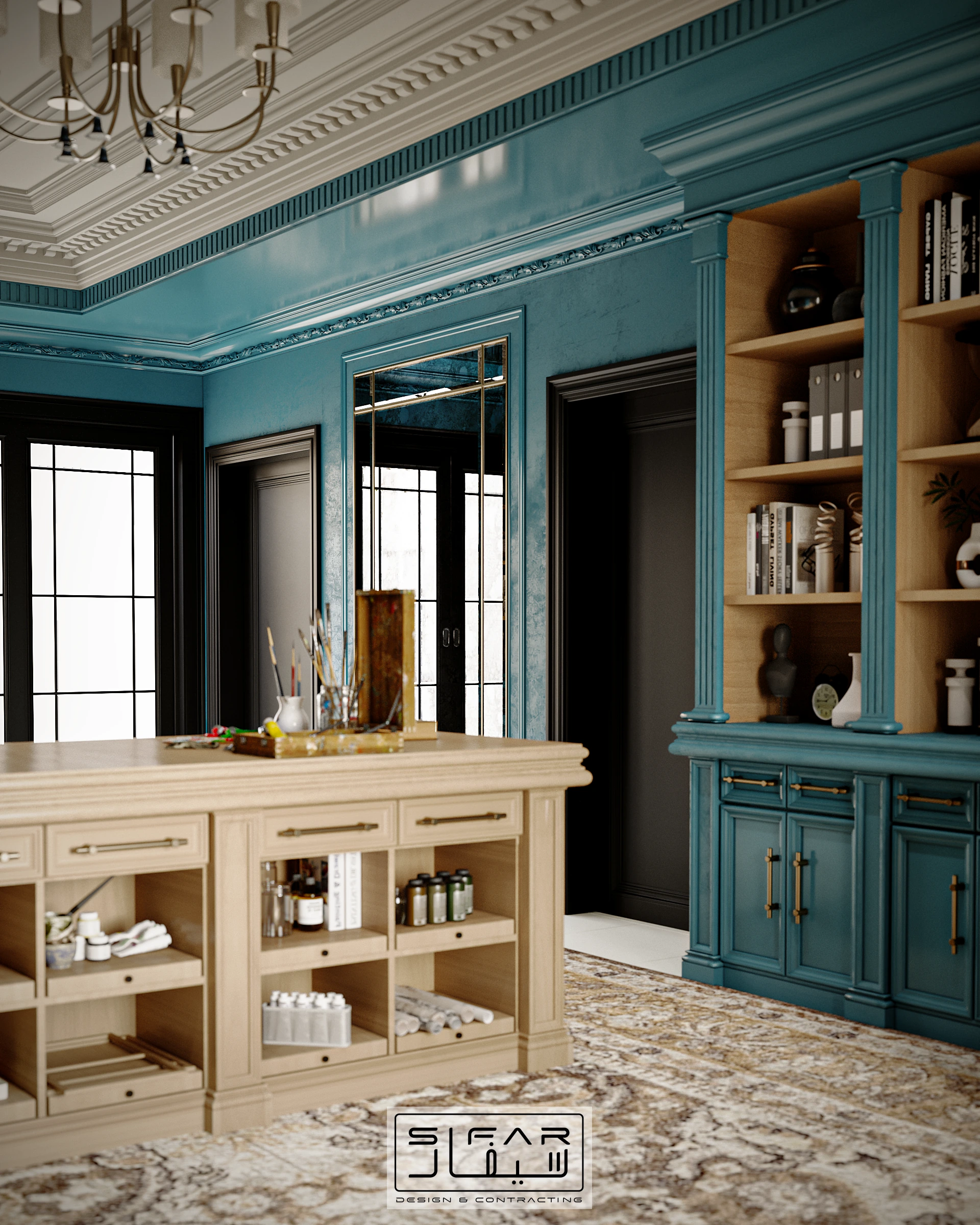 Bespoke studio work island detail with open storage, teal cabinets, framed artwork, and tall black doors